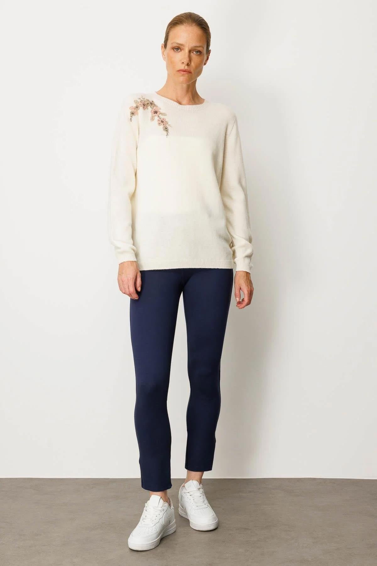 Crew Neck Embroidered Shoulder Sweater