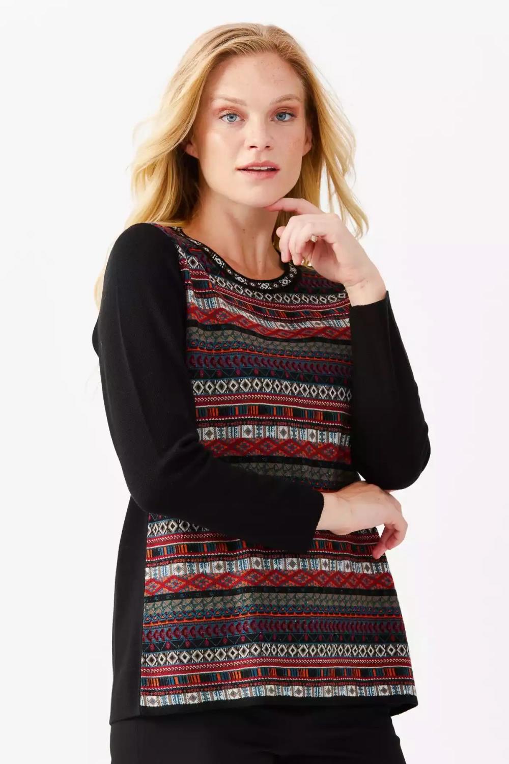 Kilim Desenli Yuvarlak Yaka Triko Bluz