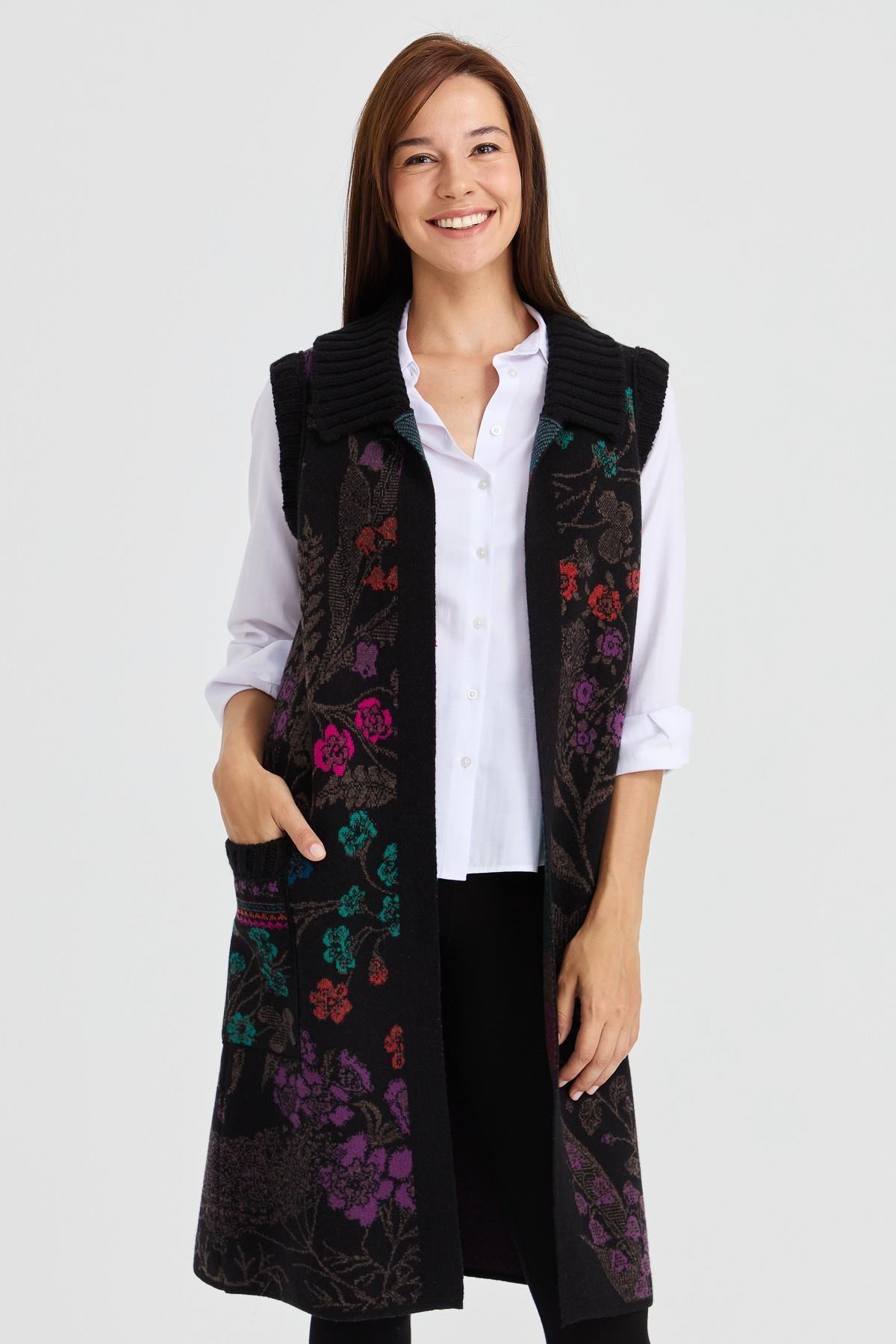 Desen Sarmaşık Desenli Gömlek Yaka Uzun Kadın Yelek - Eser Giyim