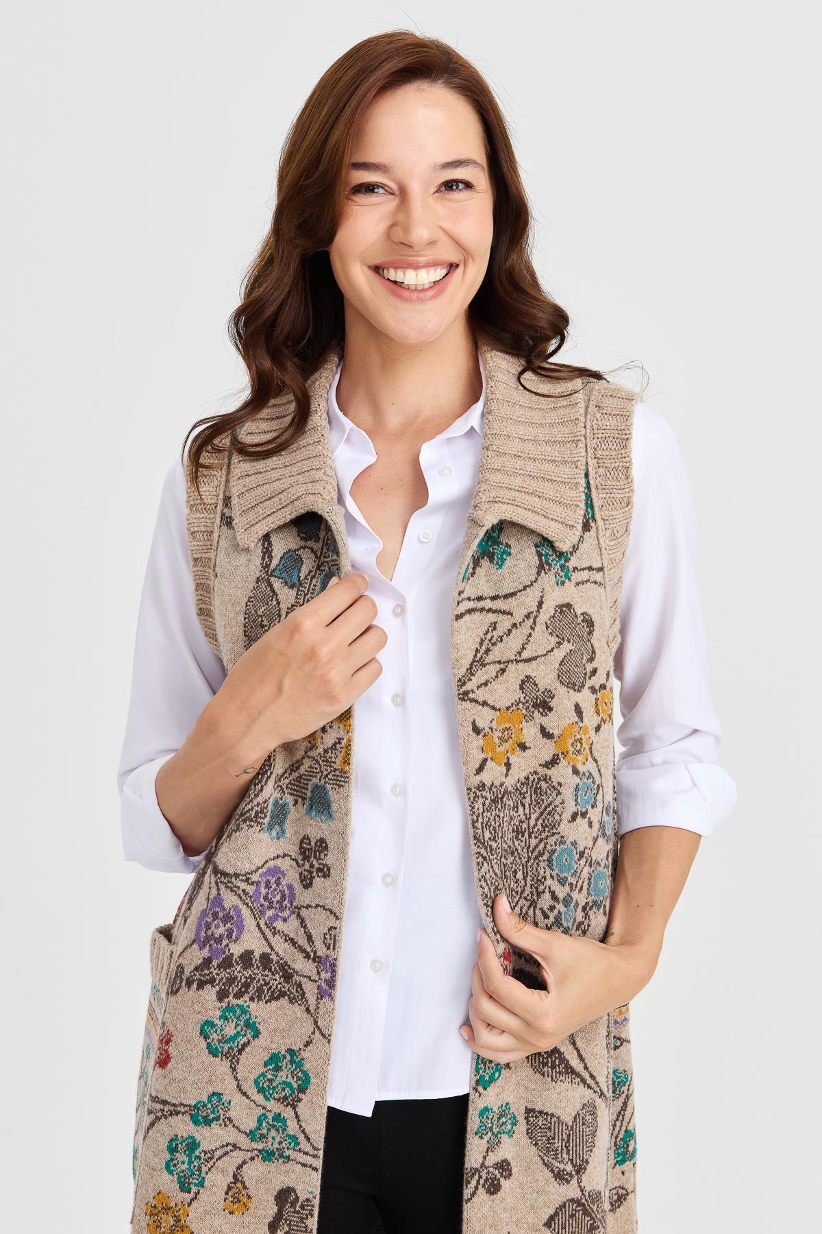 Desen Sarmaşık Desenli Gömlek Yaka Uzun Kadın Yelek - Eser Giyim