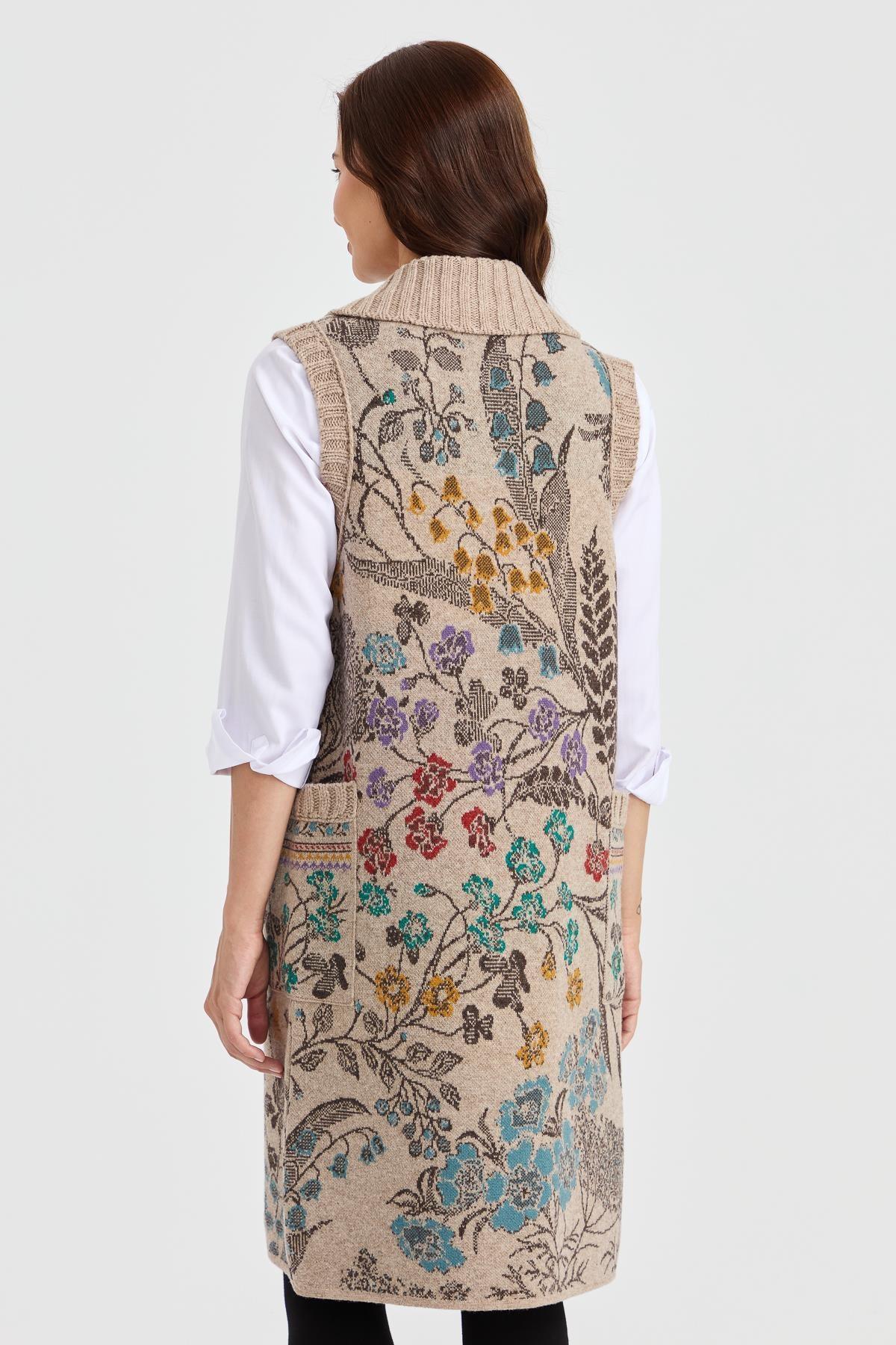 Desen Sarmaşık Desenli Gömlek Yaka Uzun Kadın Yelek - Eser Giyim