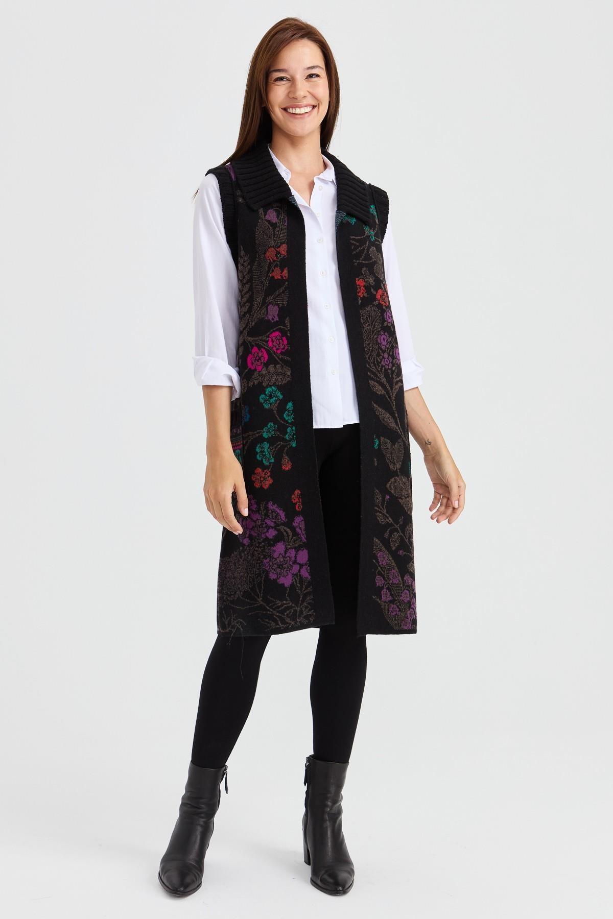 Desen Sarmaşık Desenli Gömlek Yaka Uzun Kadın Yelek - Eser Giyim