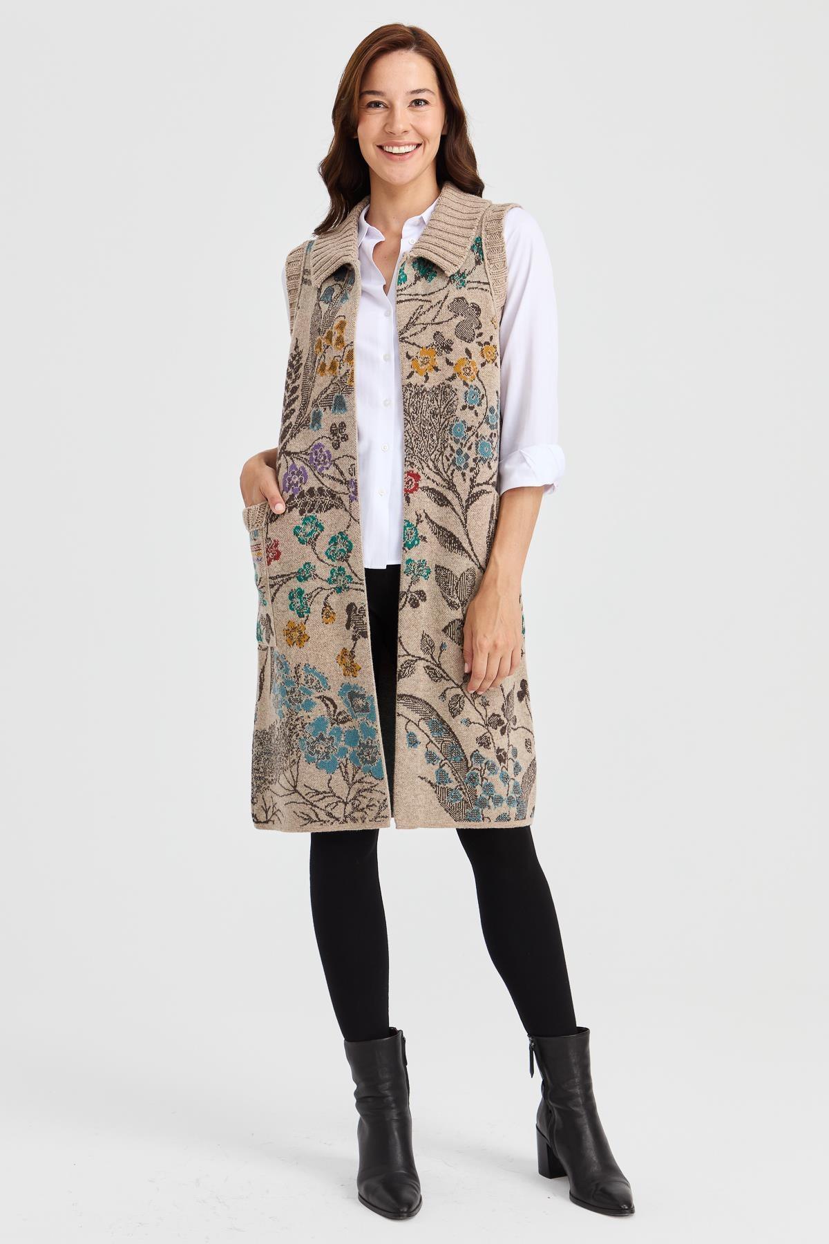 Desen Sarmaşık Desenli Gömlek Yaka Uzun Kadın Yelek - Eser Giyim