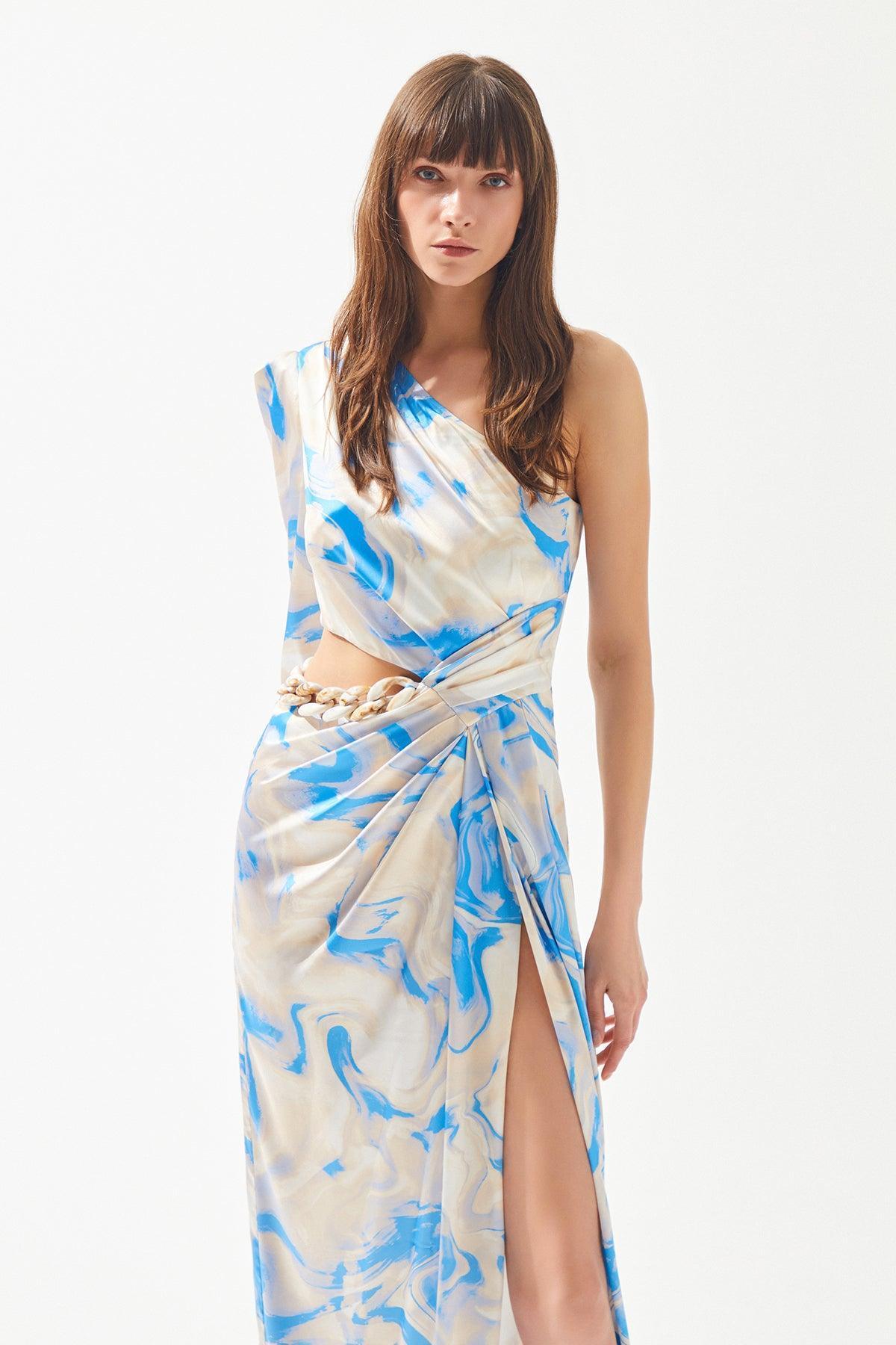 Desenli Zincir Ve Pencere Detaylı Yırtmaçlı Elbise - Eser Giyim