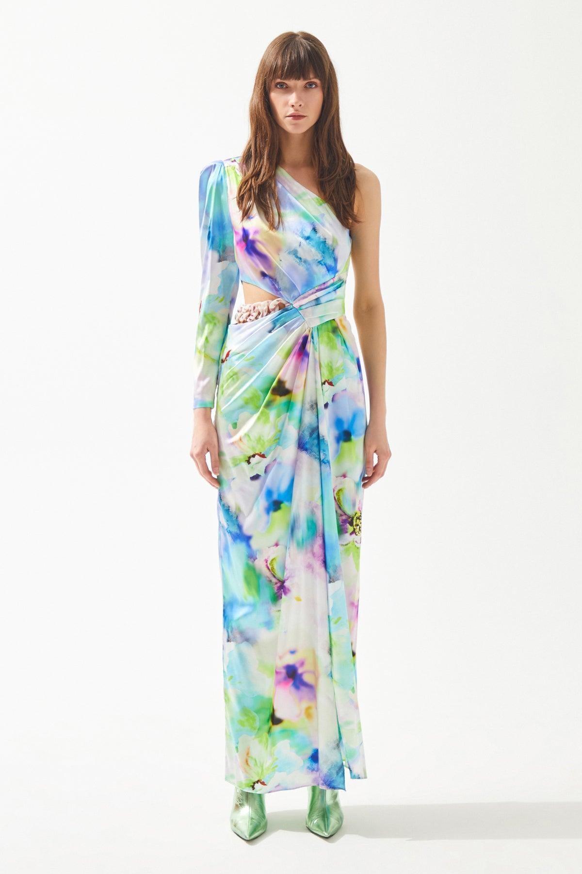 Desenli Zincir Ve Pencere Detaylı Yırtmaçlı Elbise - Eser Giyim