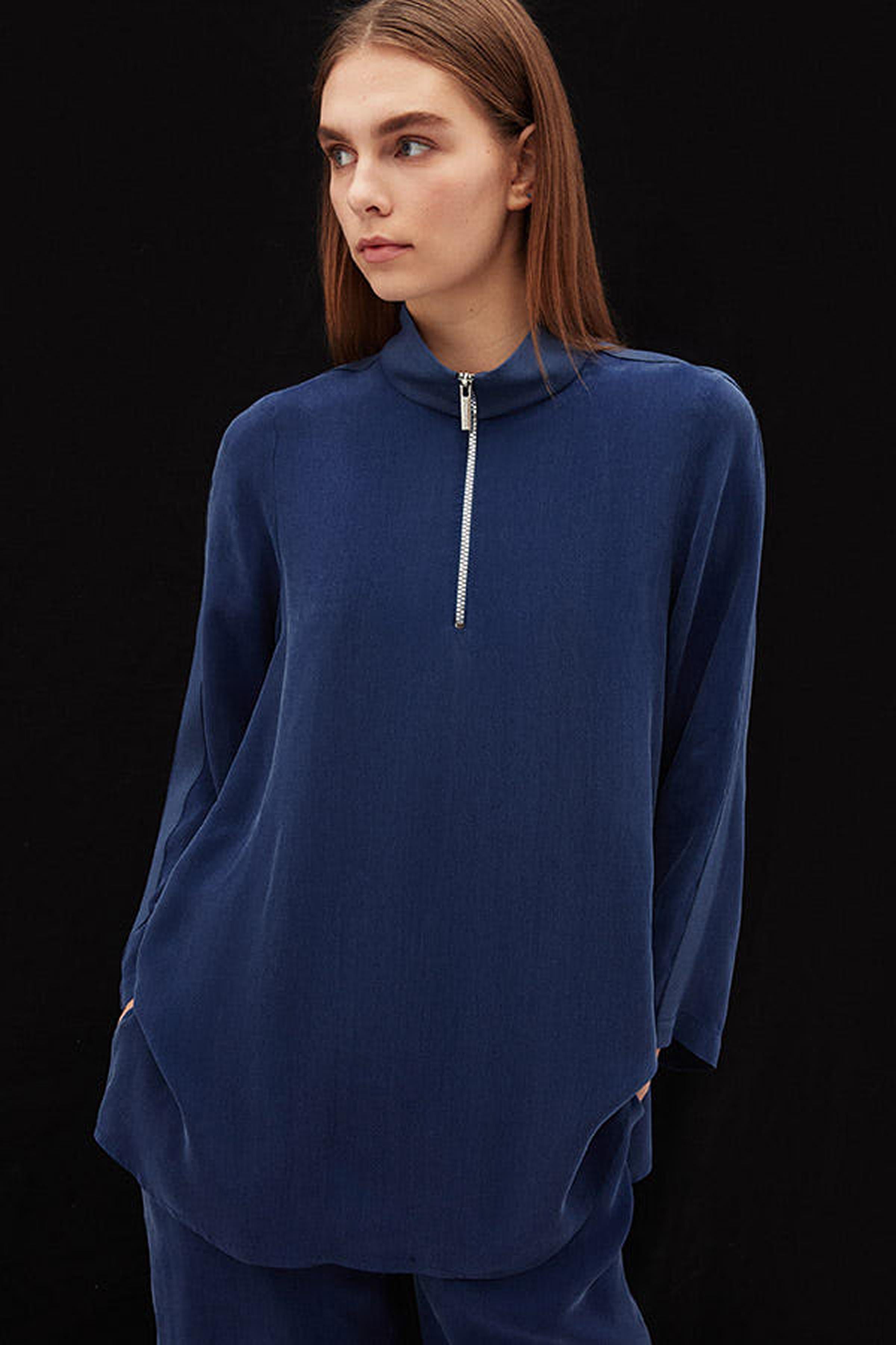 Stand Collar Zippered Long Sleeve Tunic