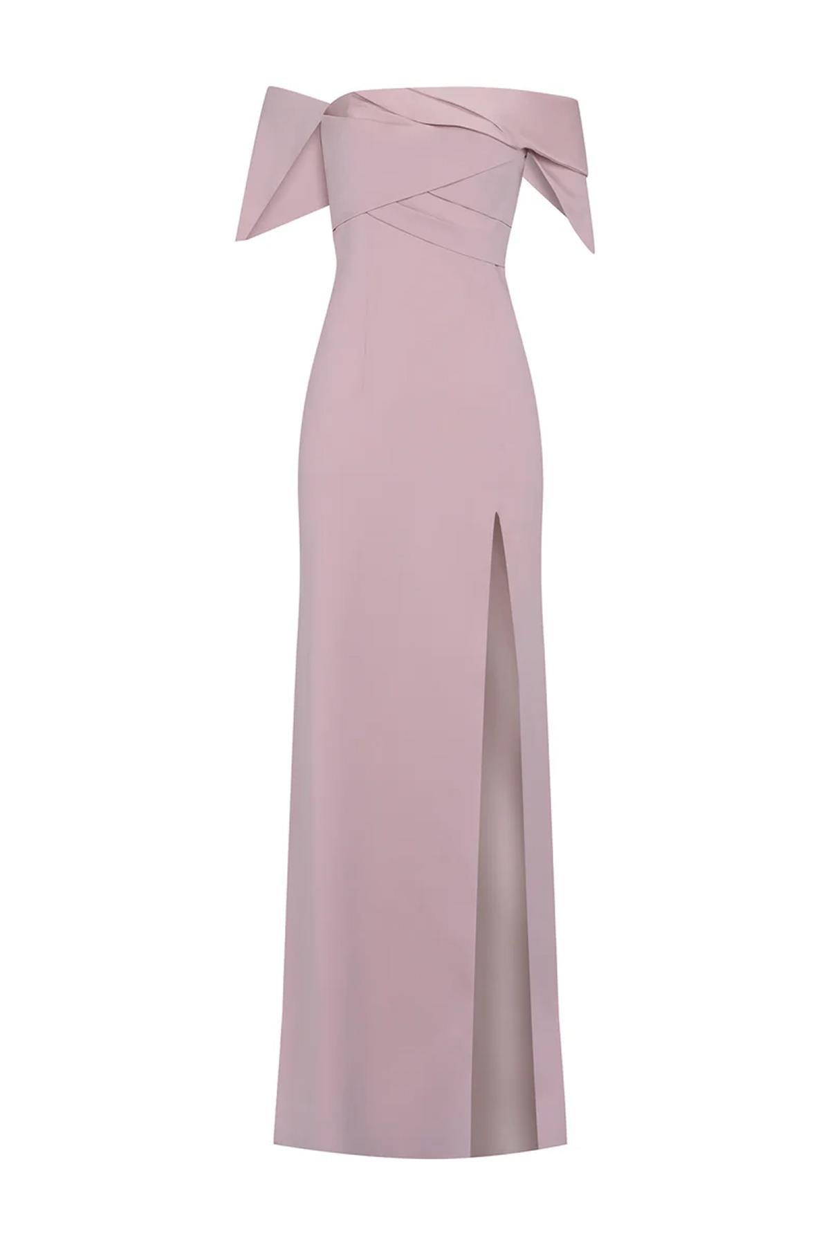 Draped Off-the-Shoulder Slit Detailed Long Evening Dress