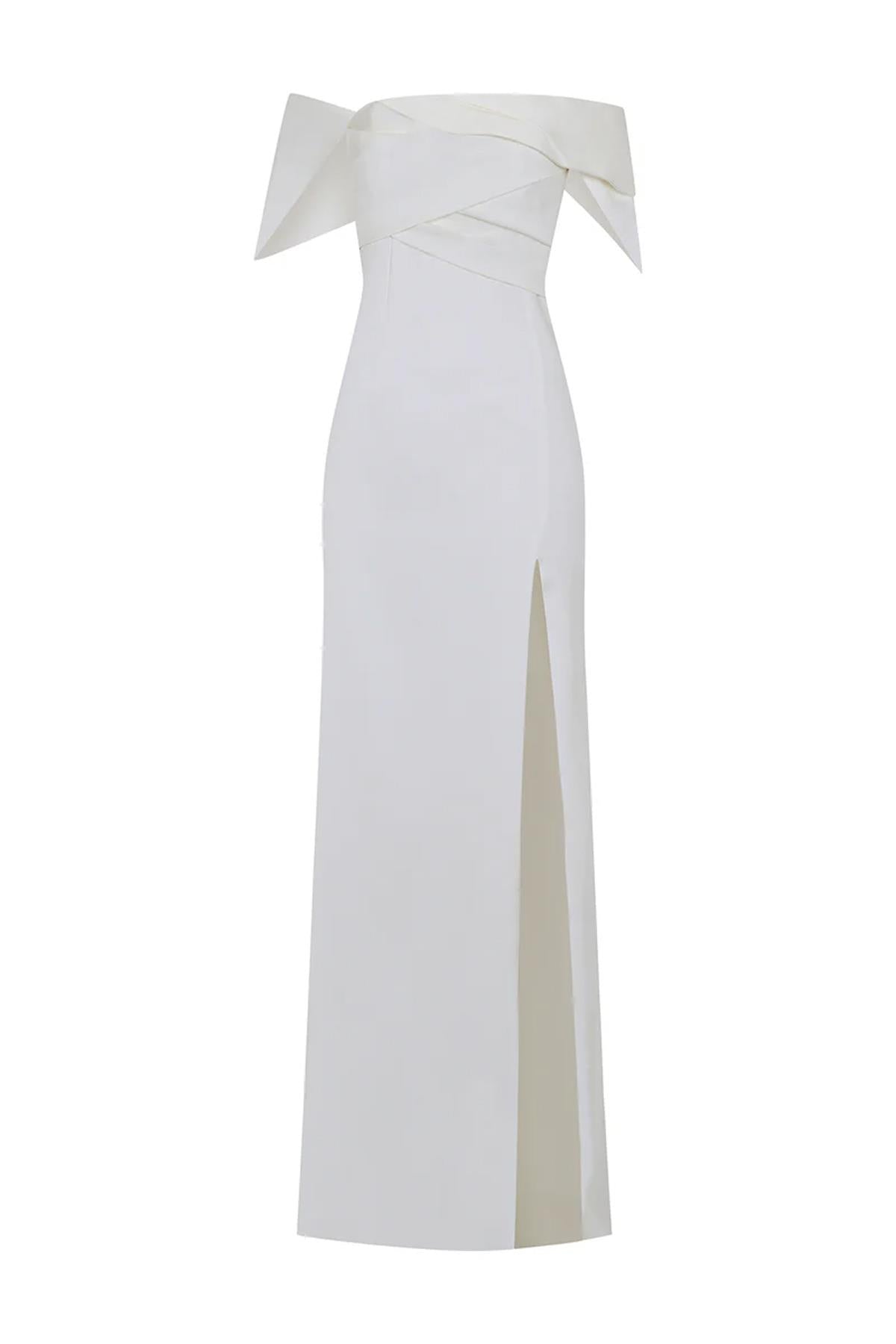 Draped Off-the-Shoulder Slit Detailed Long Evening Dress