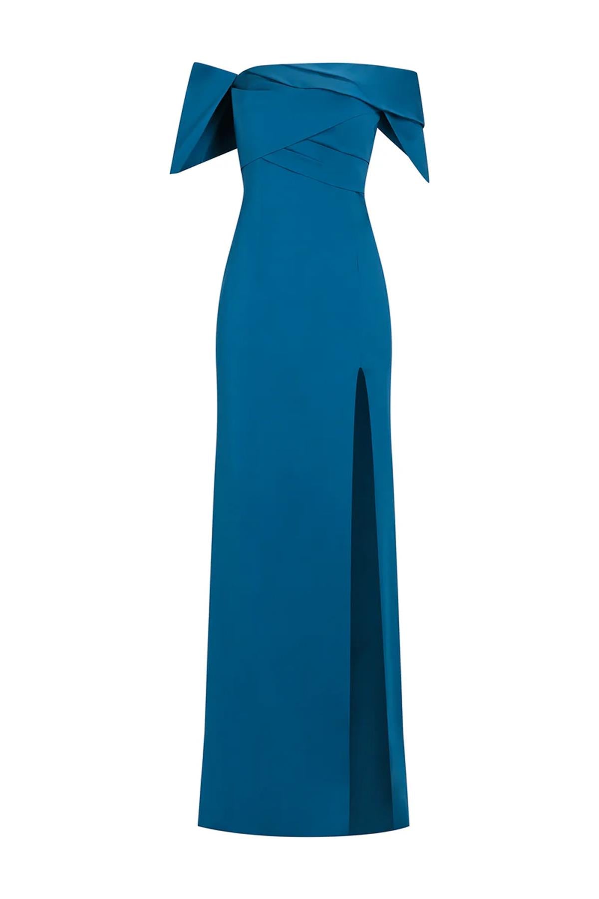 Draped Off-the-Shoulder Slit Detailed Long Evening Dress