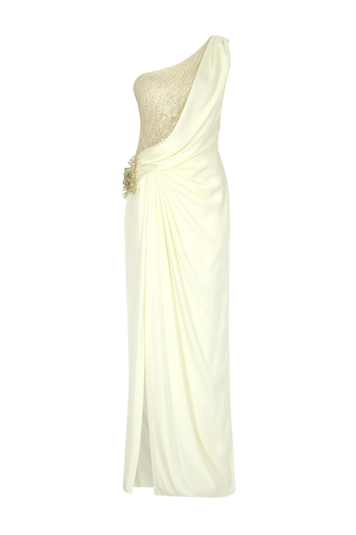 Drapeli Tek Omuz Payetli Yırtmaçlı Abiye Elbise