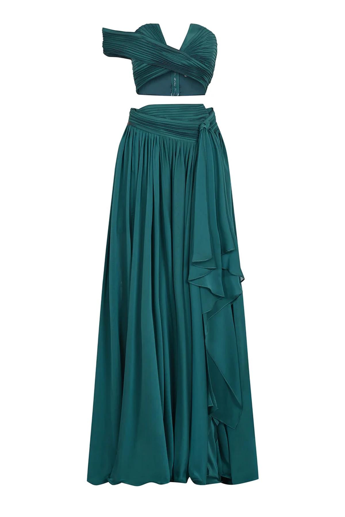 Drapeli Yırtmaç Detaylı Crop Etek Takım