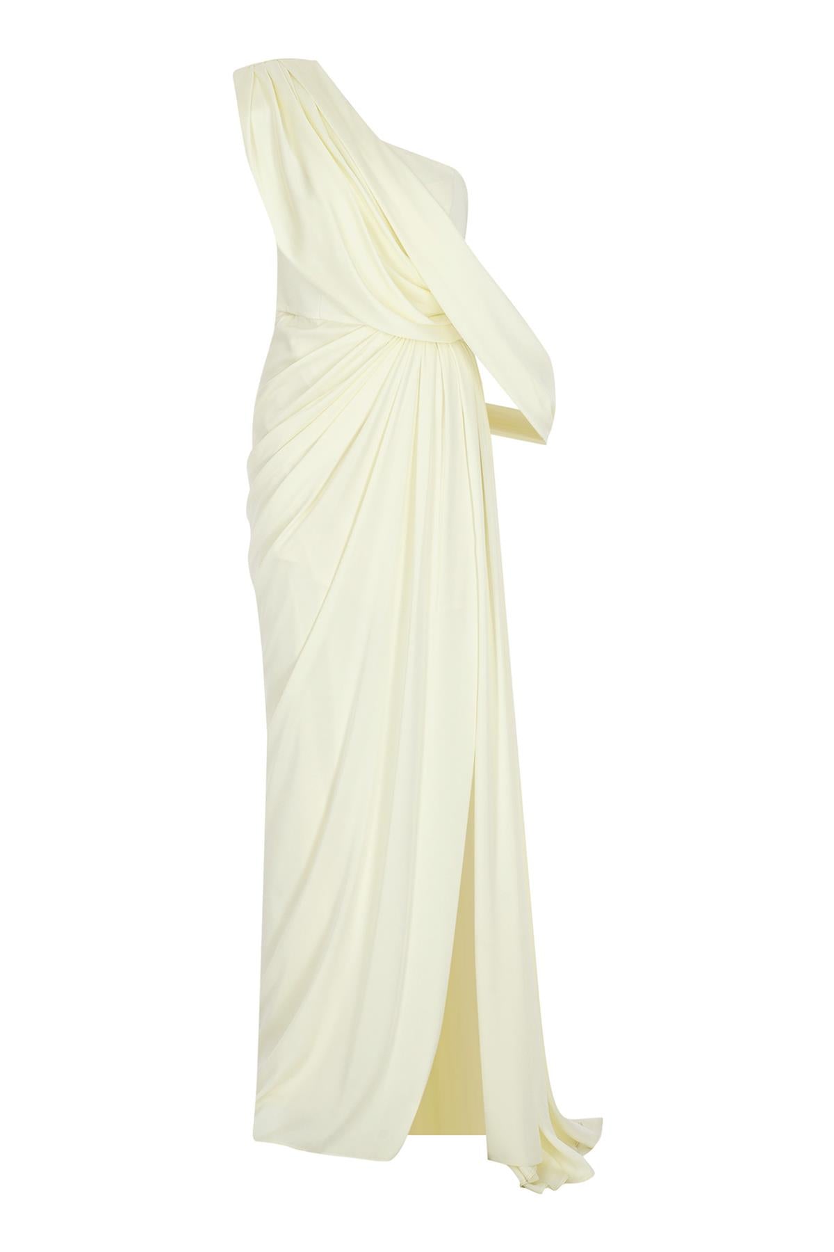 Drapeli Yırtmaçlı Tek Omuz Uzun Saten Abiye Elbise