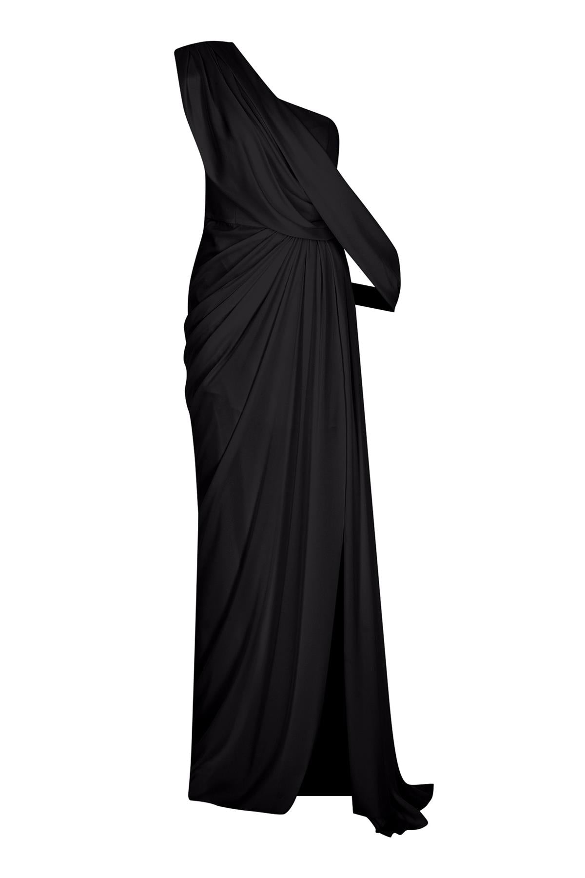 Drapeli Yırtmaçlı Tek Omuz Uzun Saten Abiye Elbise