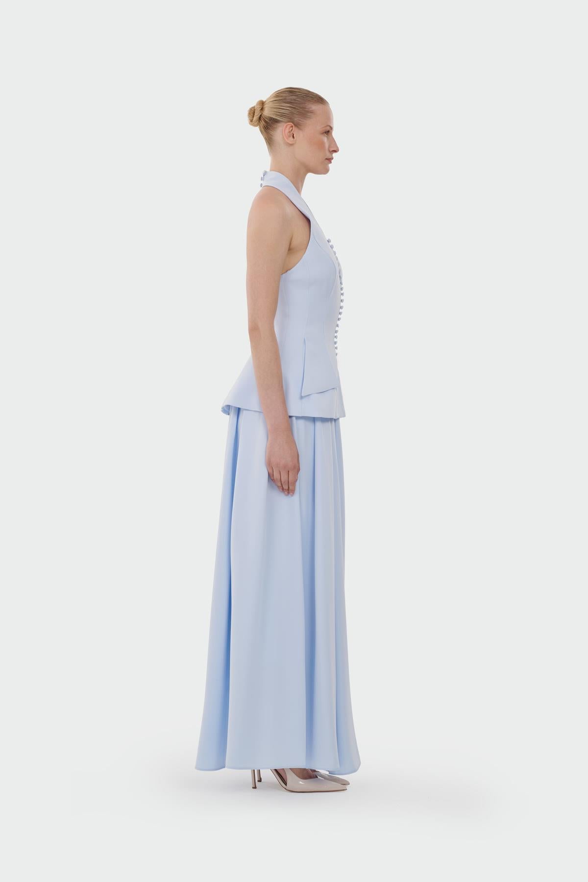 Button-Detailed Top and Flared Skirt Evening Set