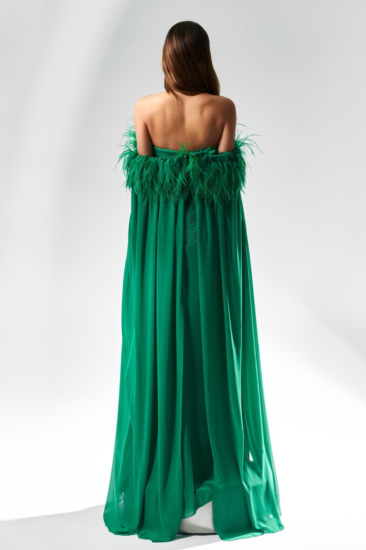 Düşük Omuz Otriş Drapeli Yırtmaçlı Uzun Elbise - Eser Giyim