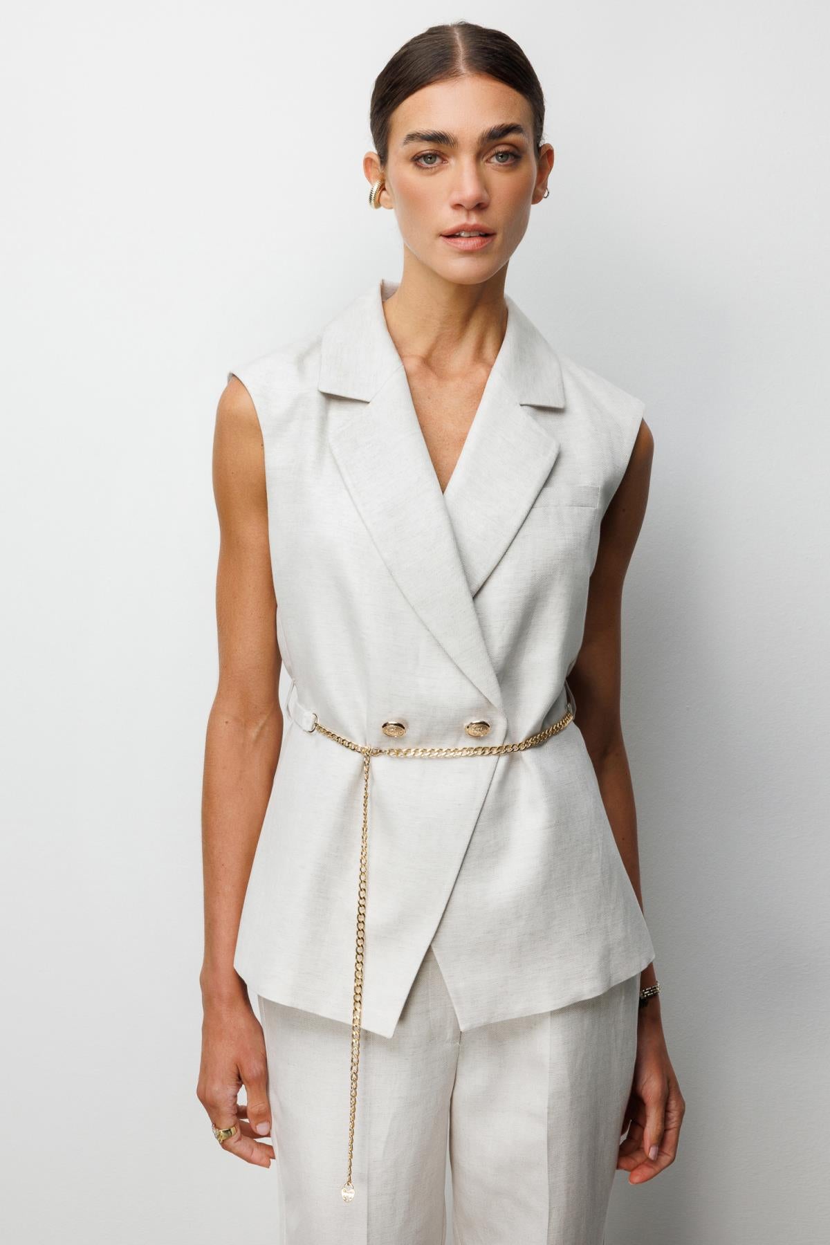 Double-breasted linen vest with chain belt
