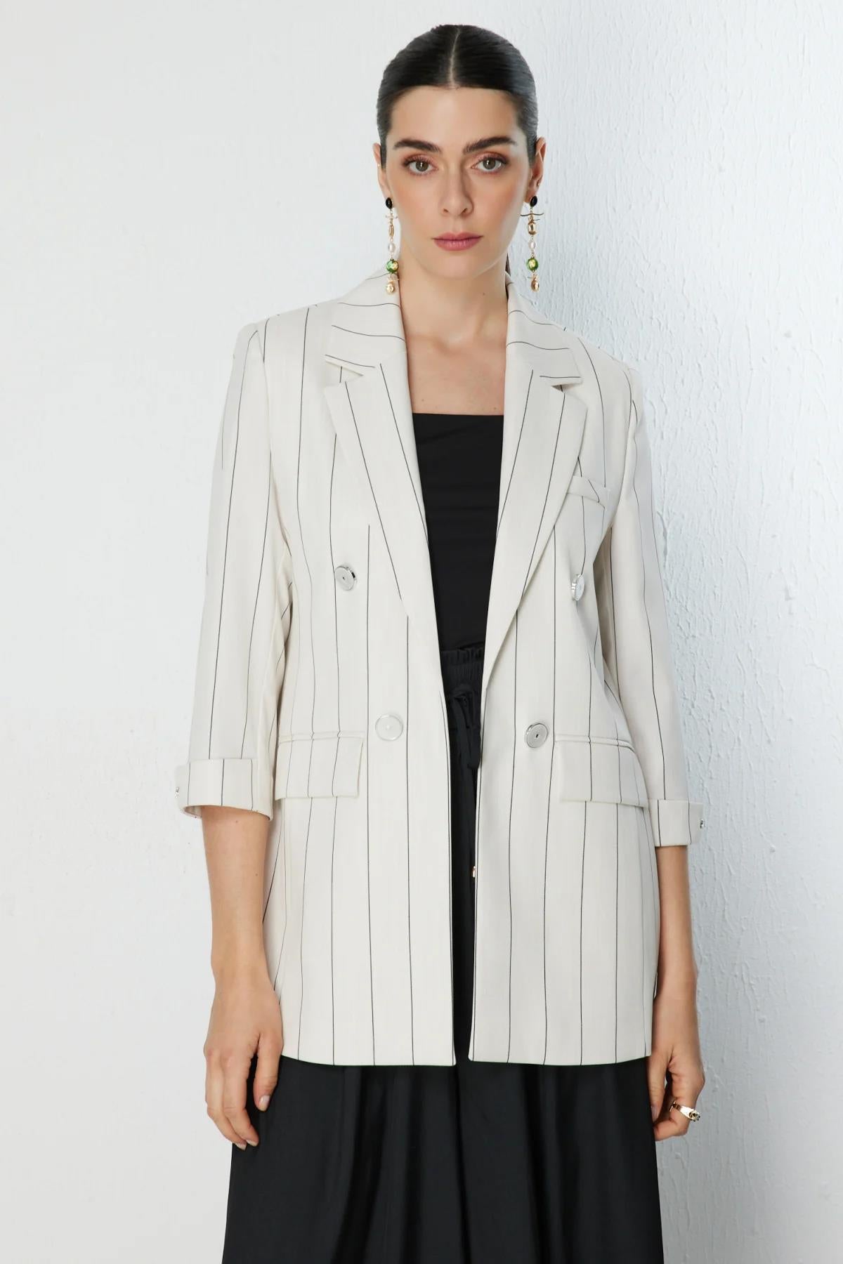 Çizgi Desenli Kapak Cepli Ceket