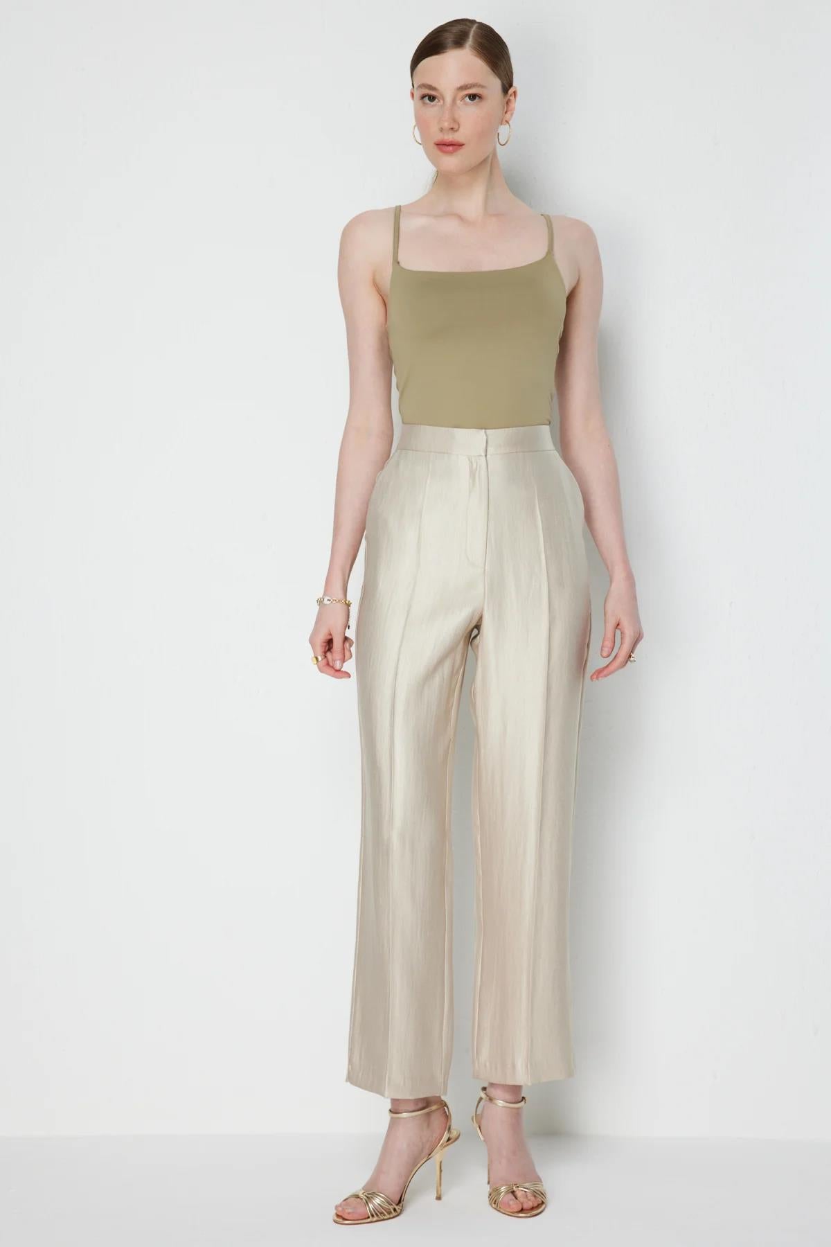 Beli Lastikli Bol Paça Parlak Pantolon