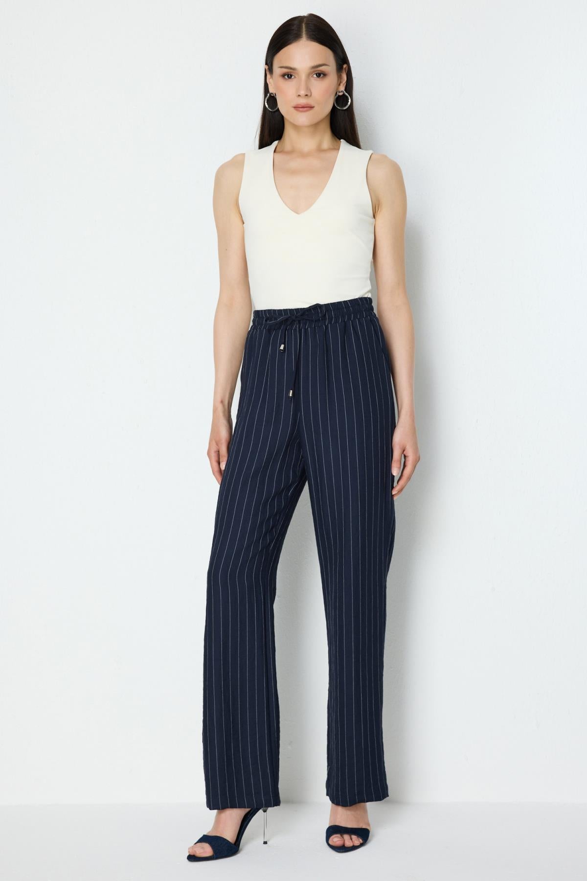 Çizgili Bol Paça Keten Pantolon