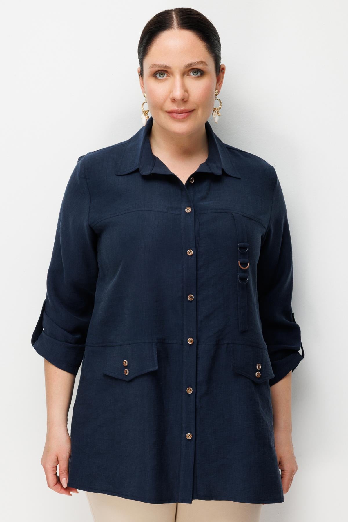 Plus Size Tunic with Button Front and Decorative Pockets