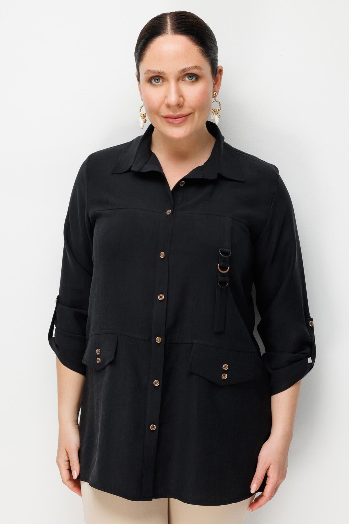 Plus Size Tunic with Button Front and Decorative Pockets