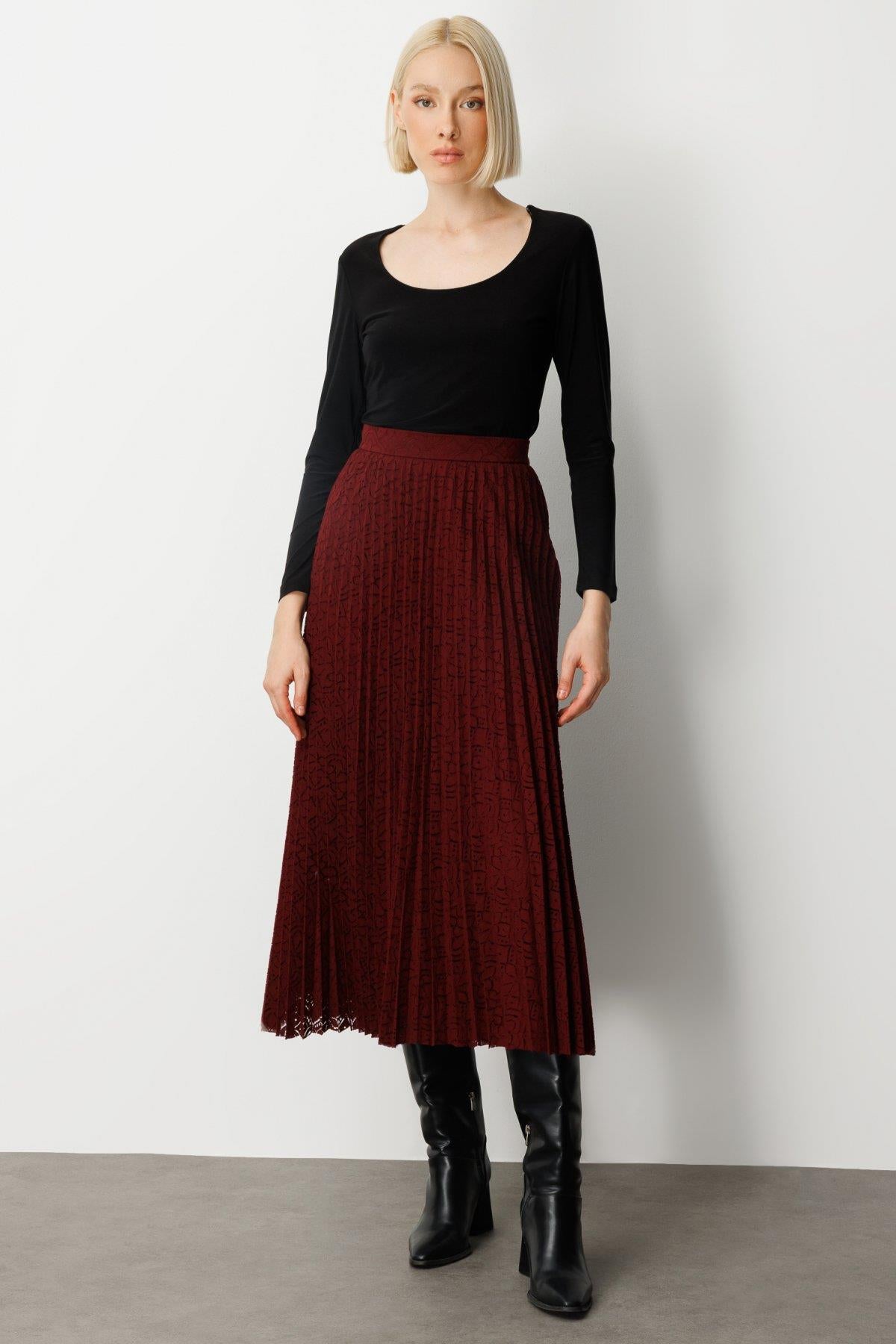 Guipure Pleated Midi Skirt