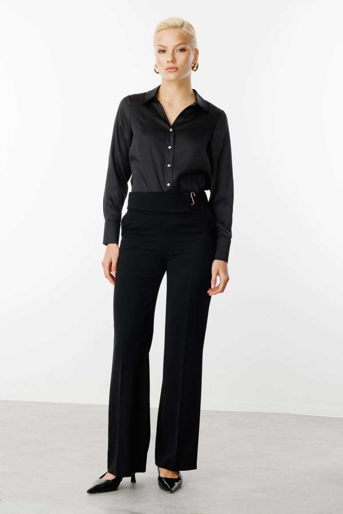 Waist Buckle Wide Leg Trousers
