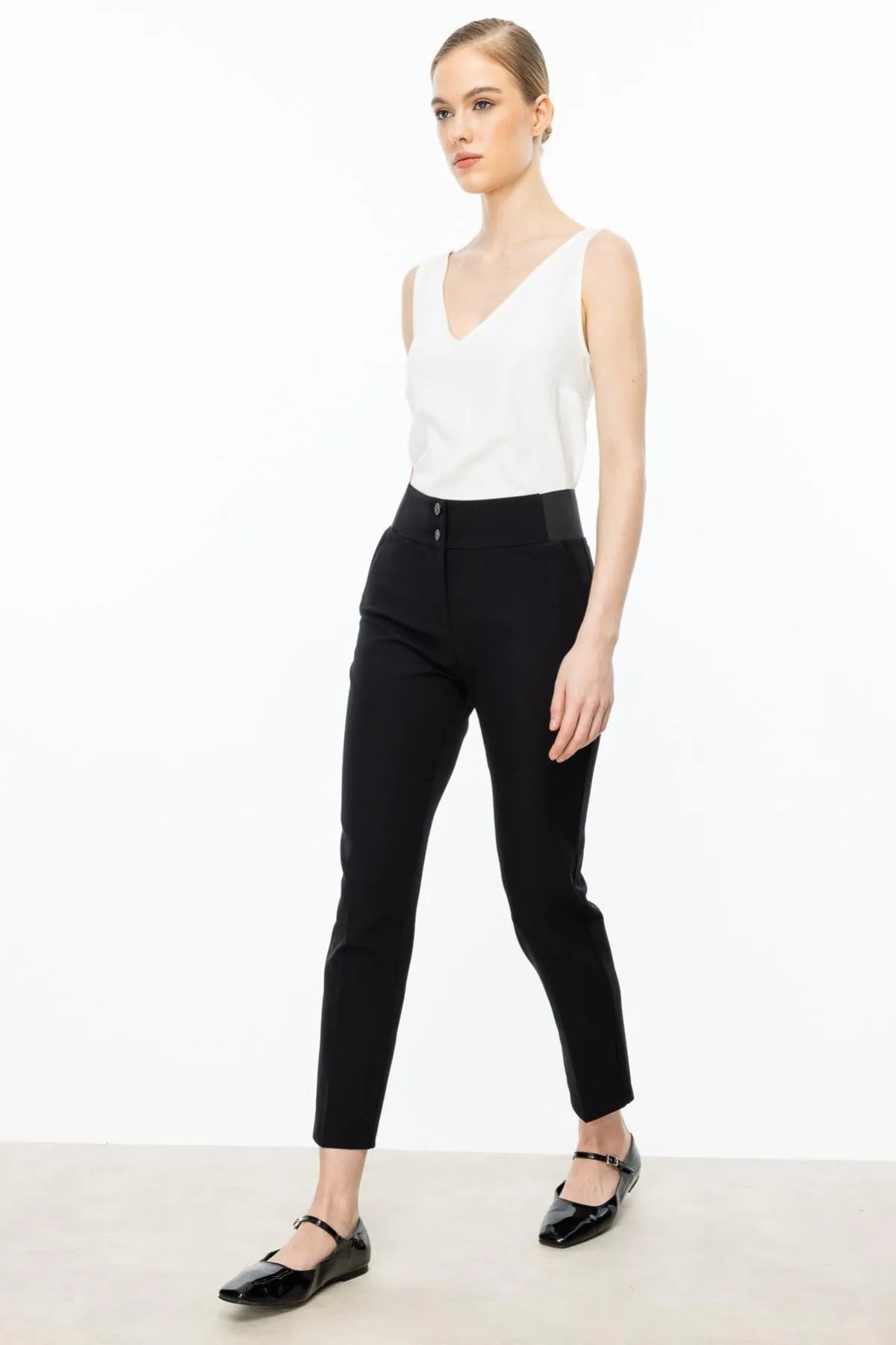 Double-Buttoned Lycra Trousers with Thick Elastic Waistband