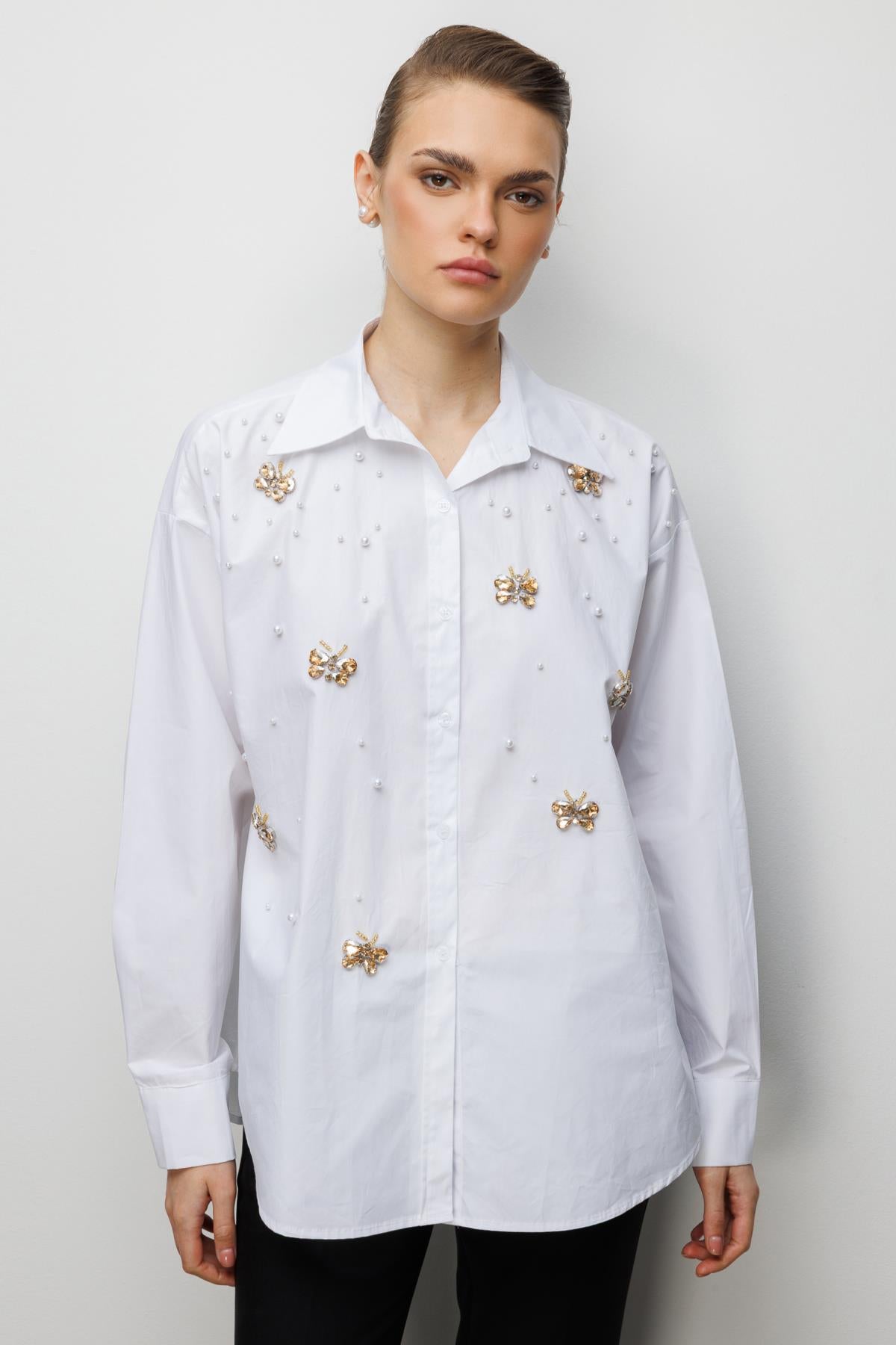 Butterfly and Pearl Embroidered Shirt