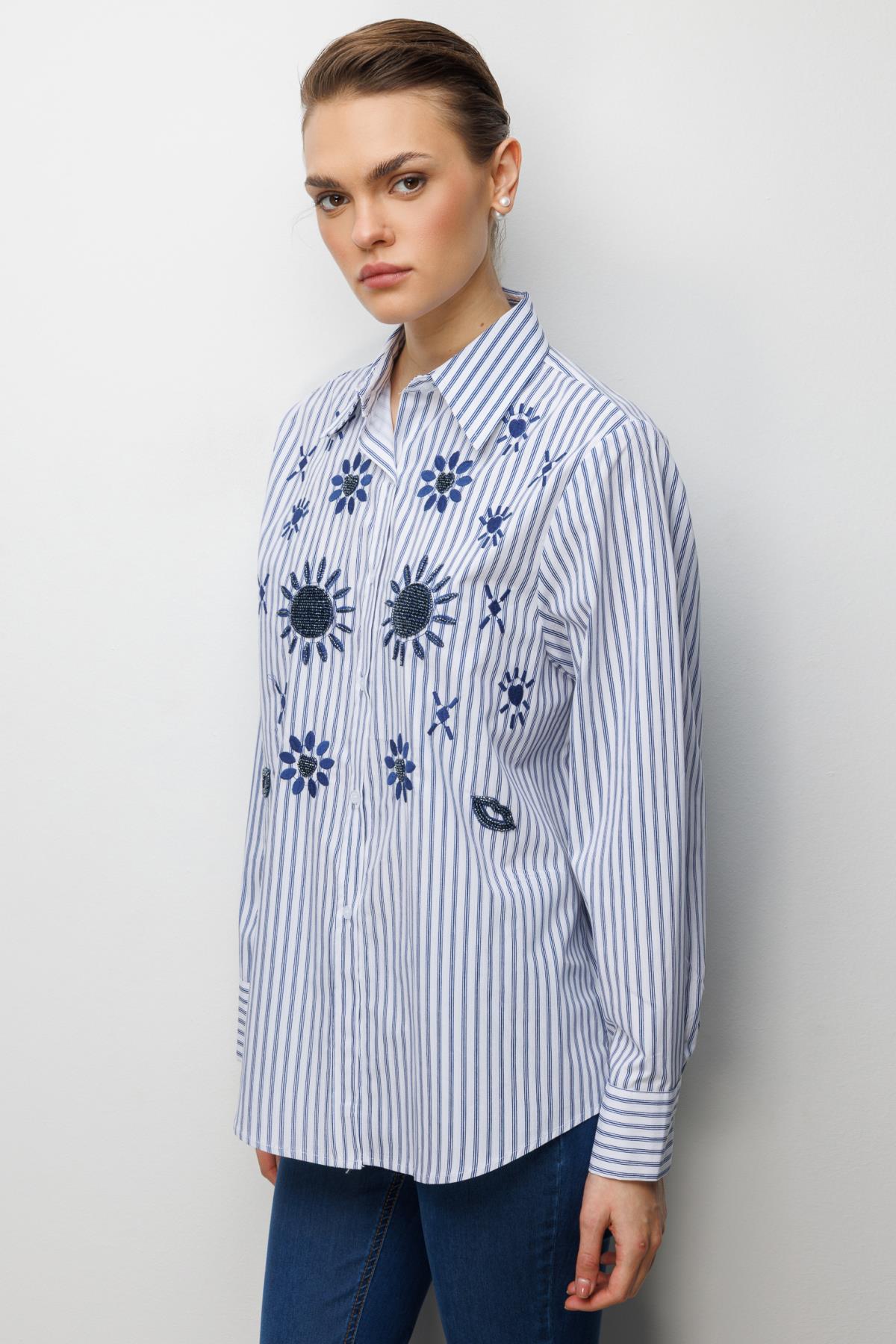 Stone-Embroidered Patterned Cotton Shirt