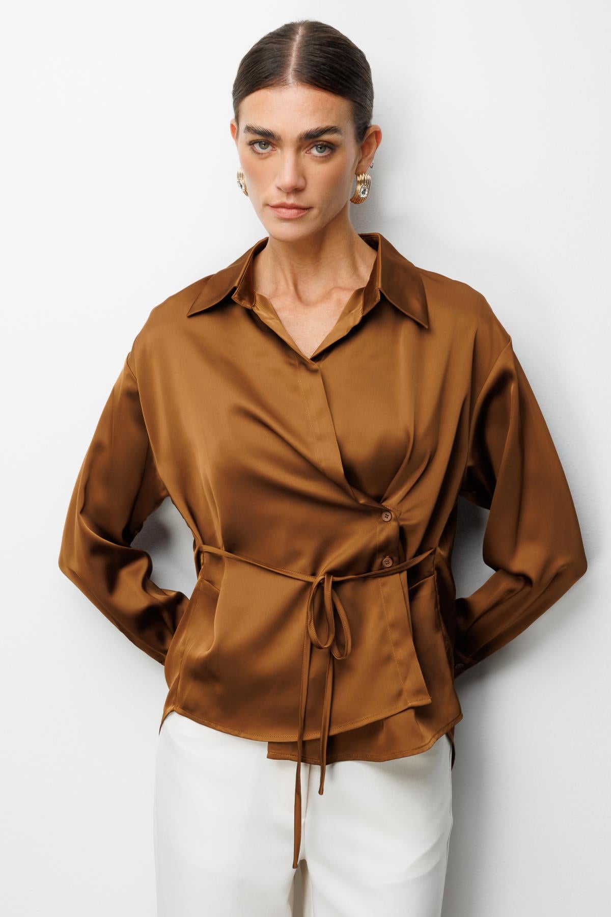 Wrap Neckline Lace-up Blouse