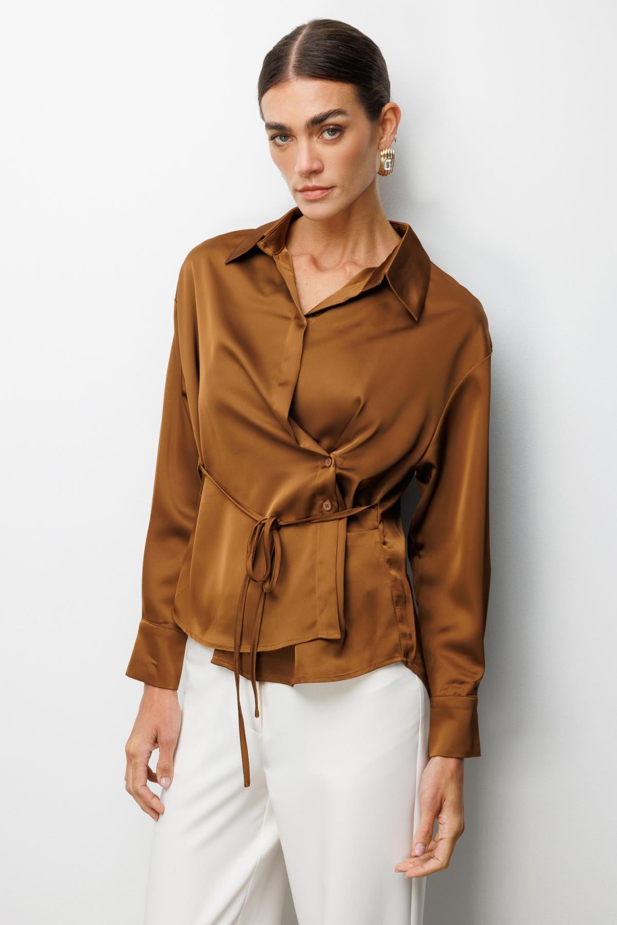 Wrap Neckline Lace-up Blouse