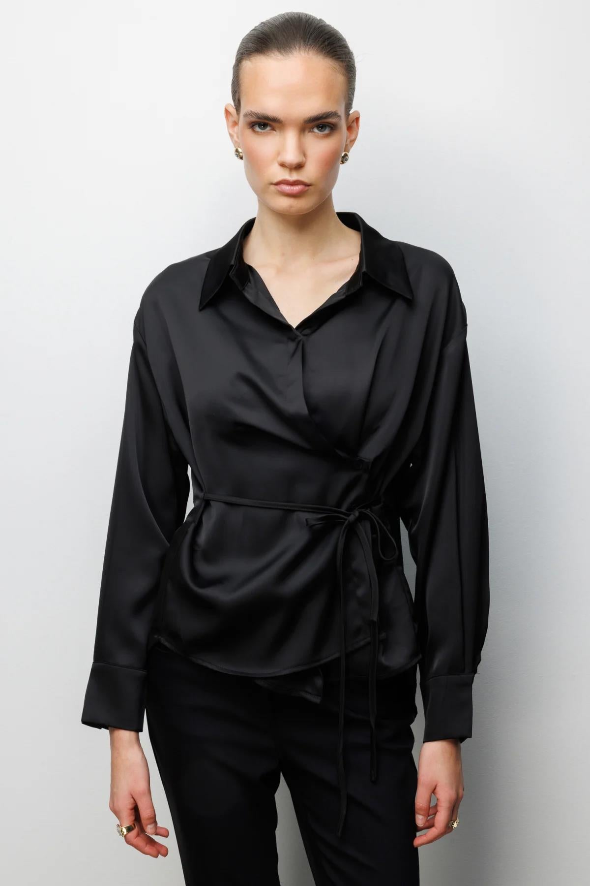 Wrap Neckline Lace-up Blouse