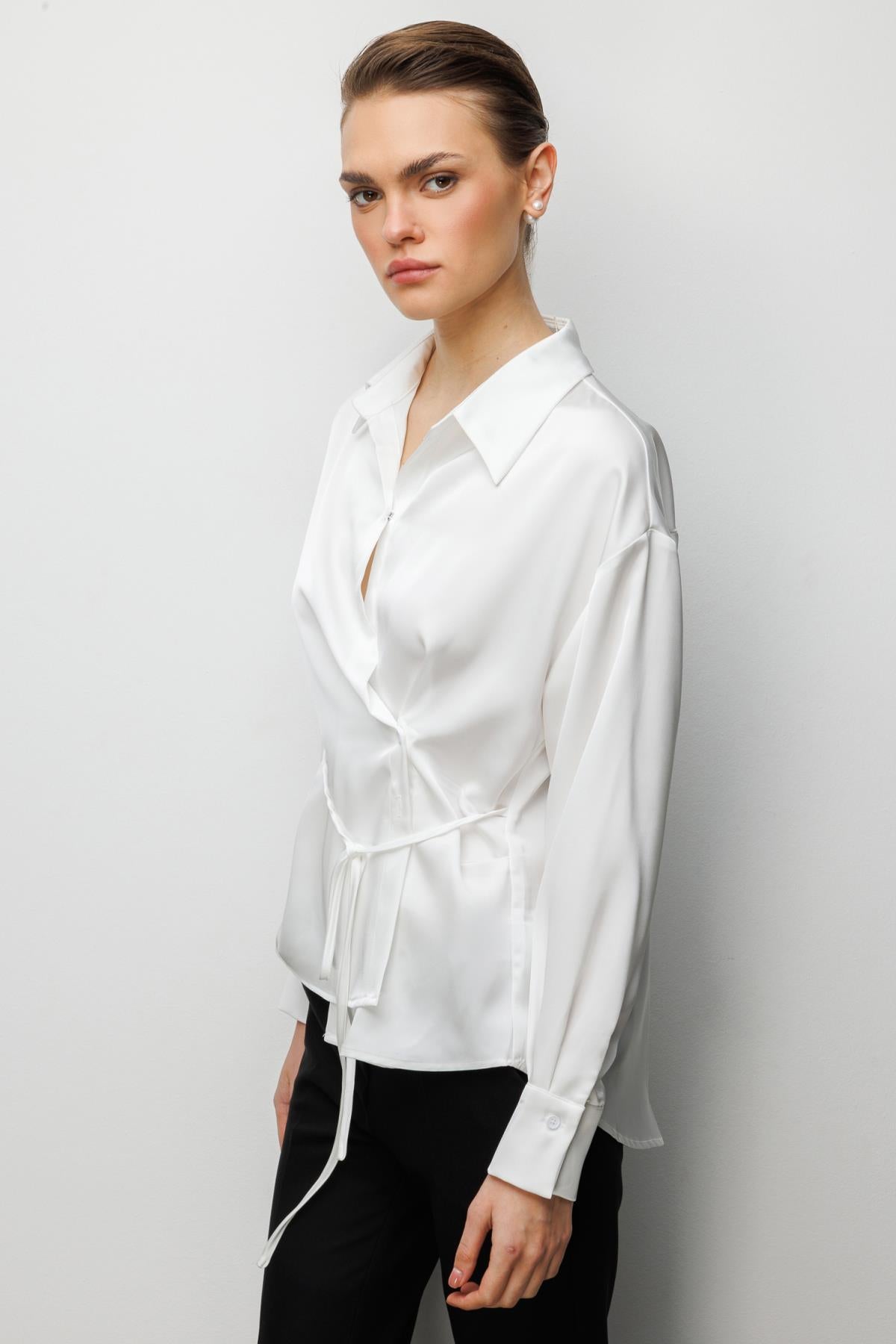 Wrap Neckline Lace-up Blouse