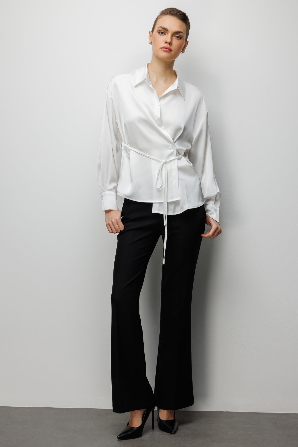 Wrap Neckline Lace-up Blouse