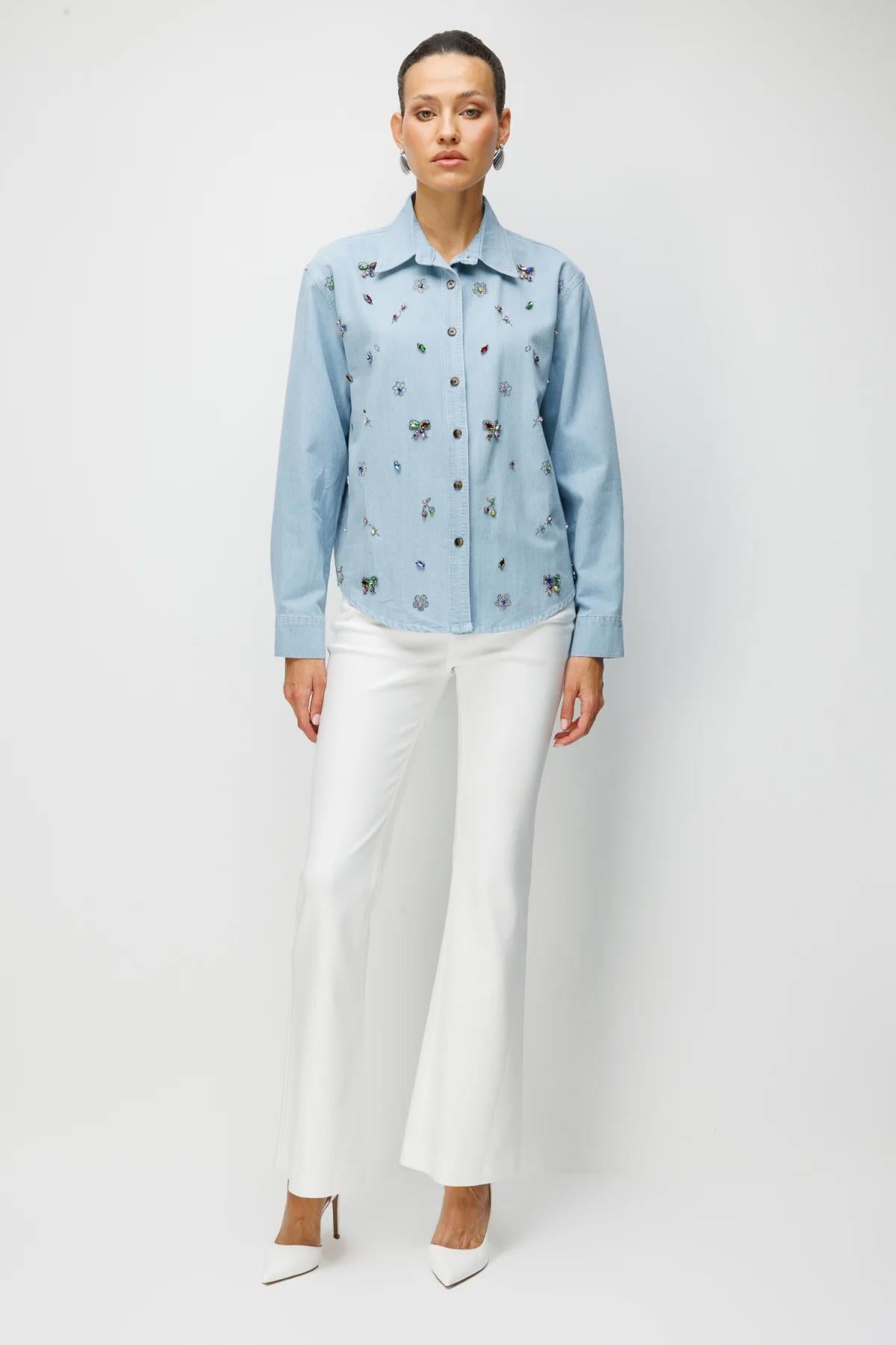 Renkli Taş İşmeleli Kot Gömlek