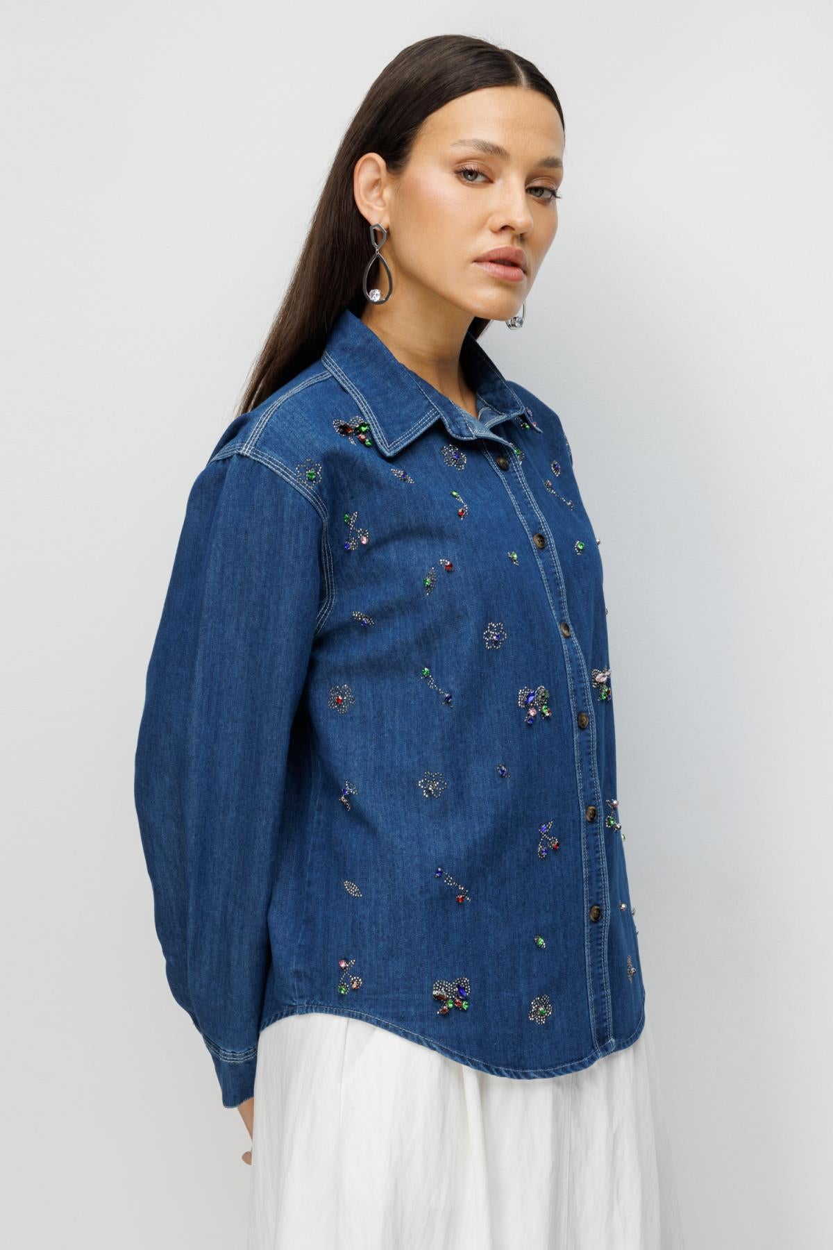 Renkli Taş İşmeleli Kot Gömlek