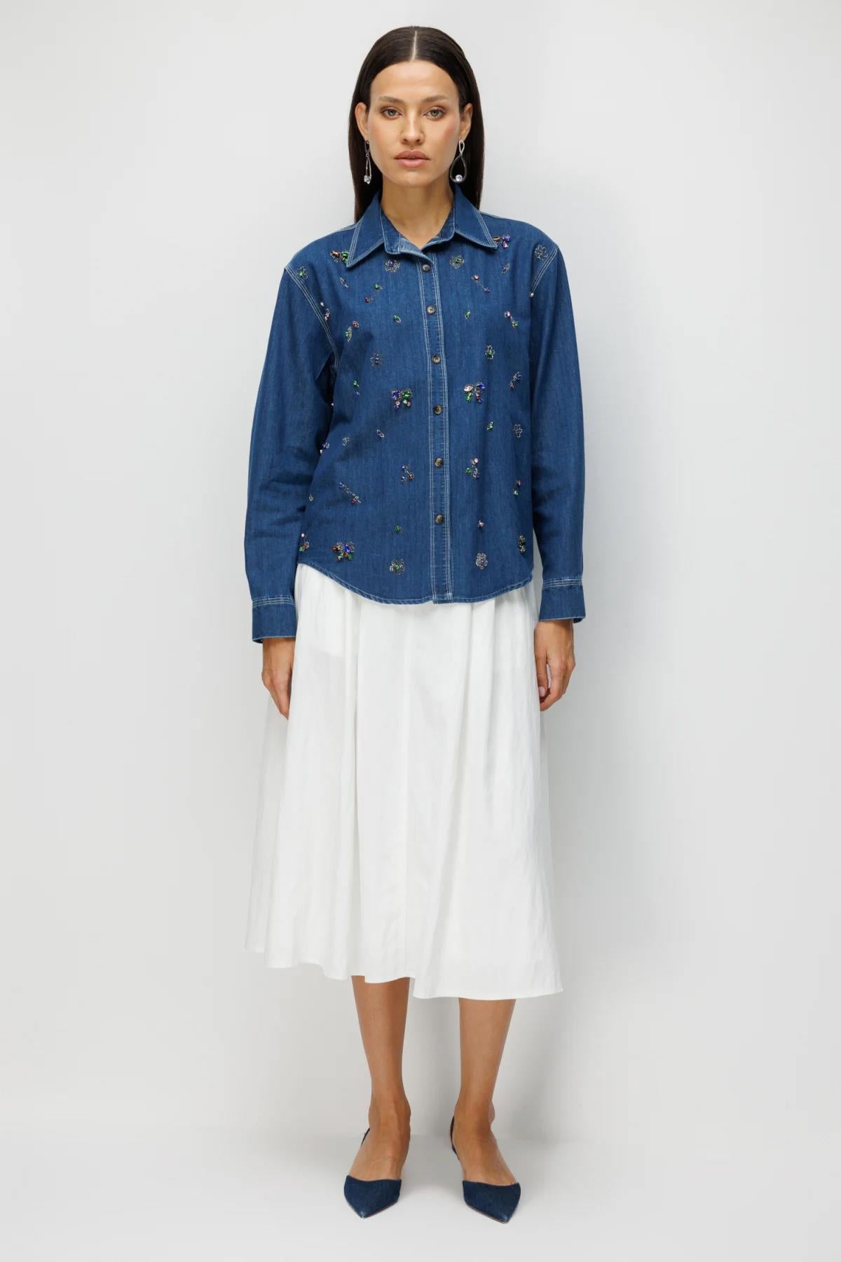 Renkli Taş İşmeleli Kot Gömlek