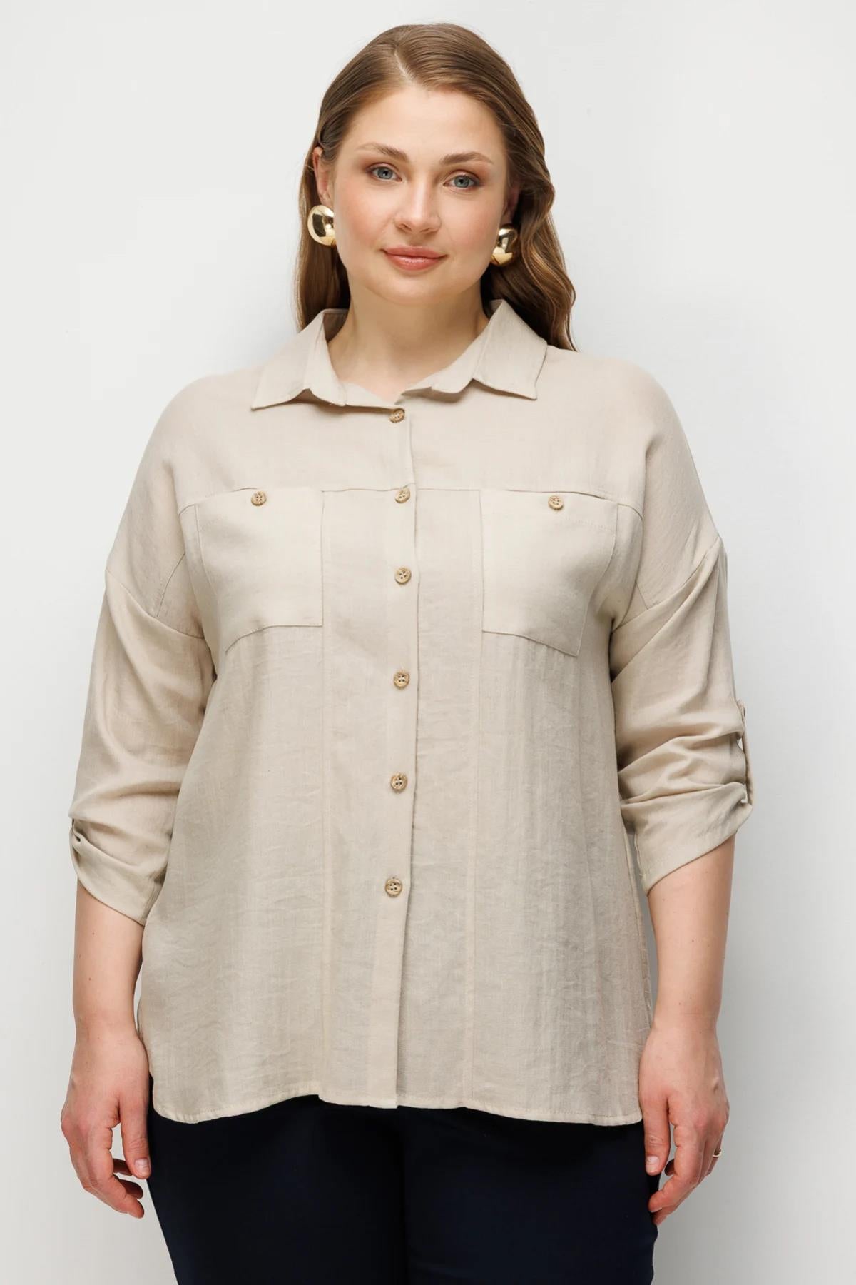 Torba Cepli Keten Büyük Beden Gömlek