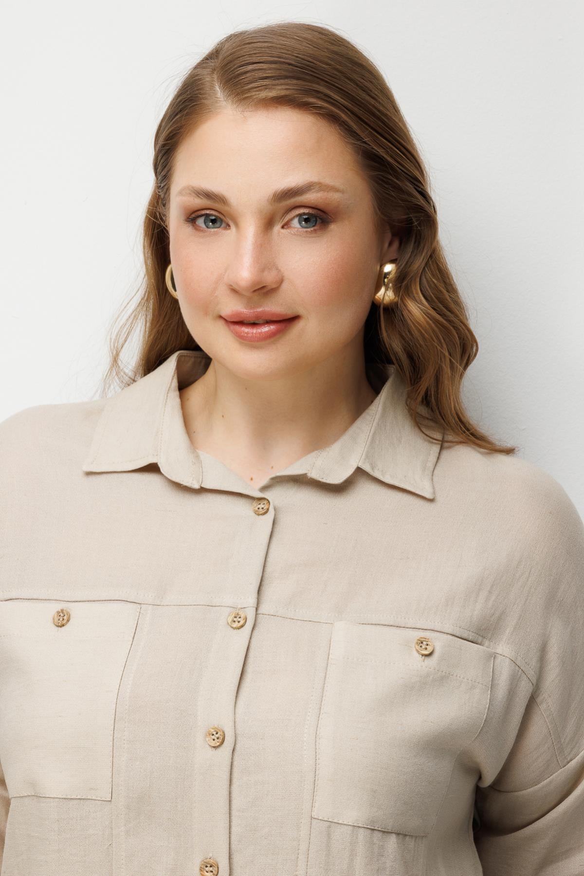 Torba Cepli Keten Büyük Beden Gömlek