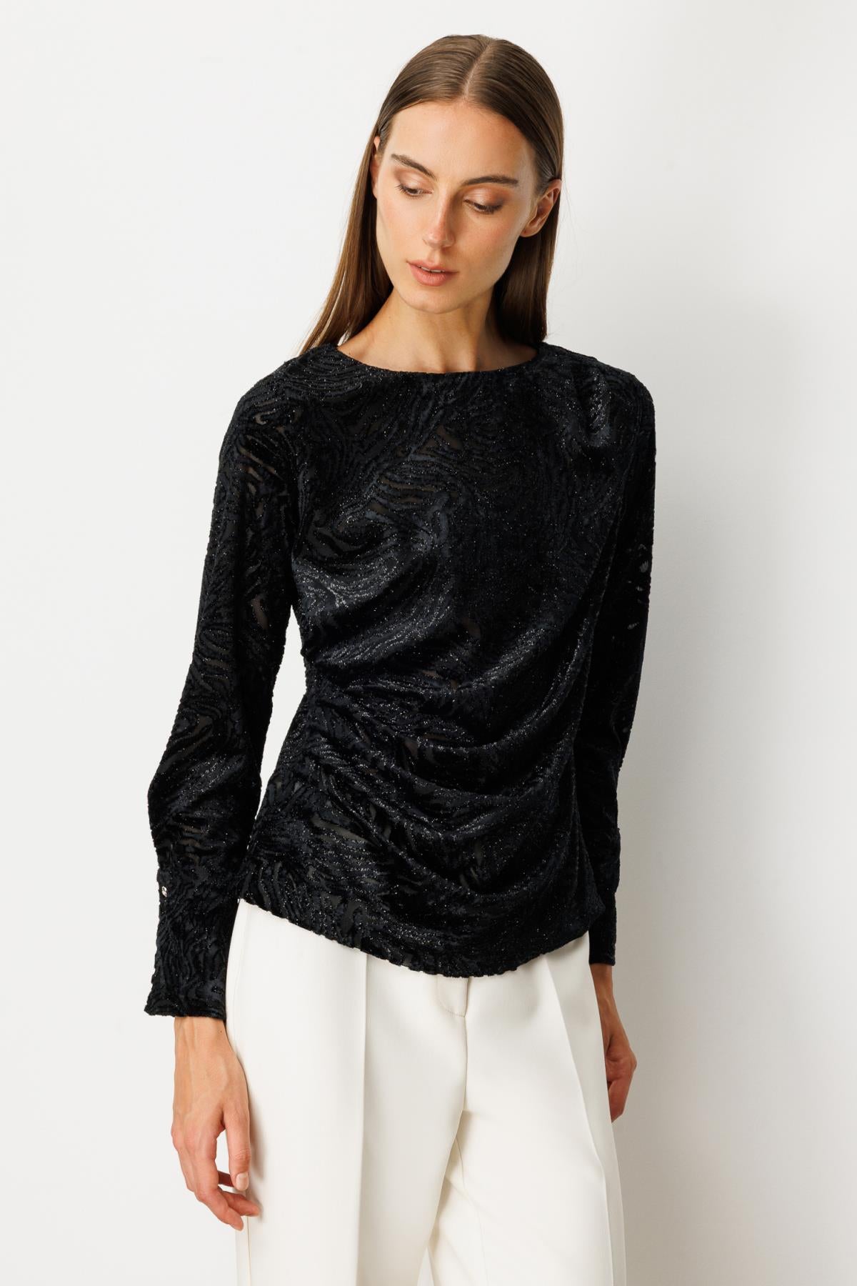 Draped Glittery Velvet Blouse
