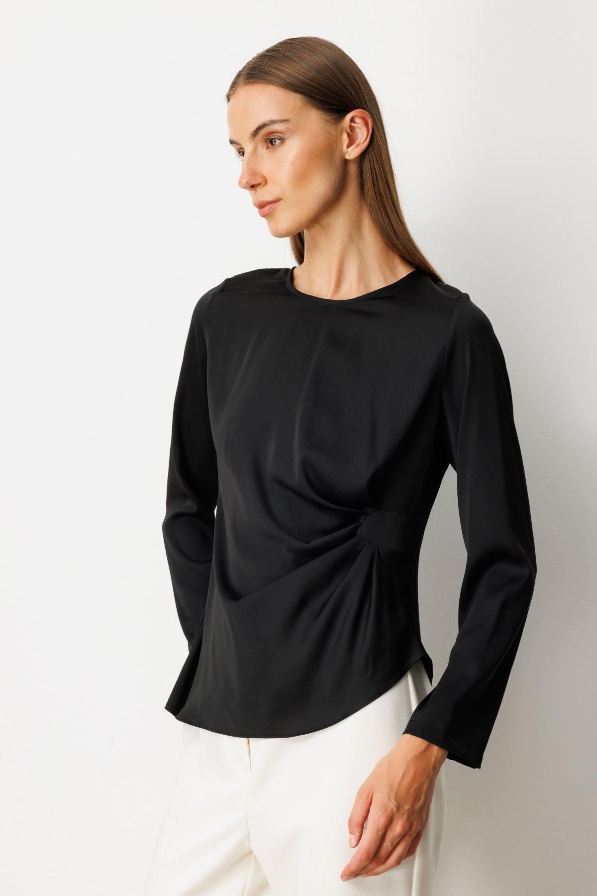 Side Draped Crew Neck Satin Blouse