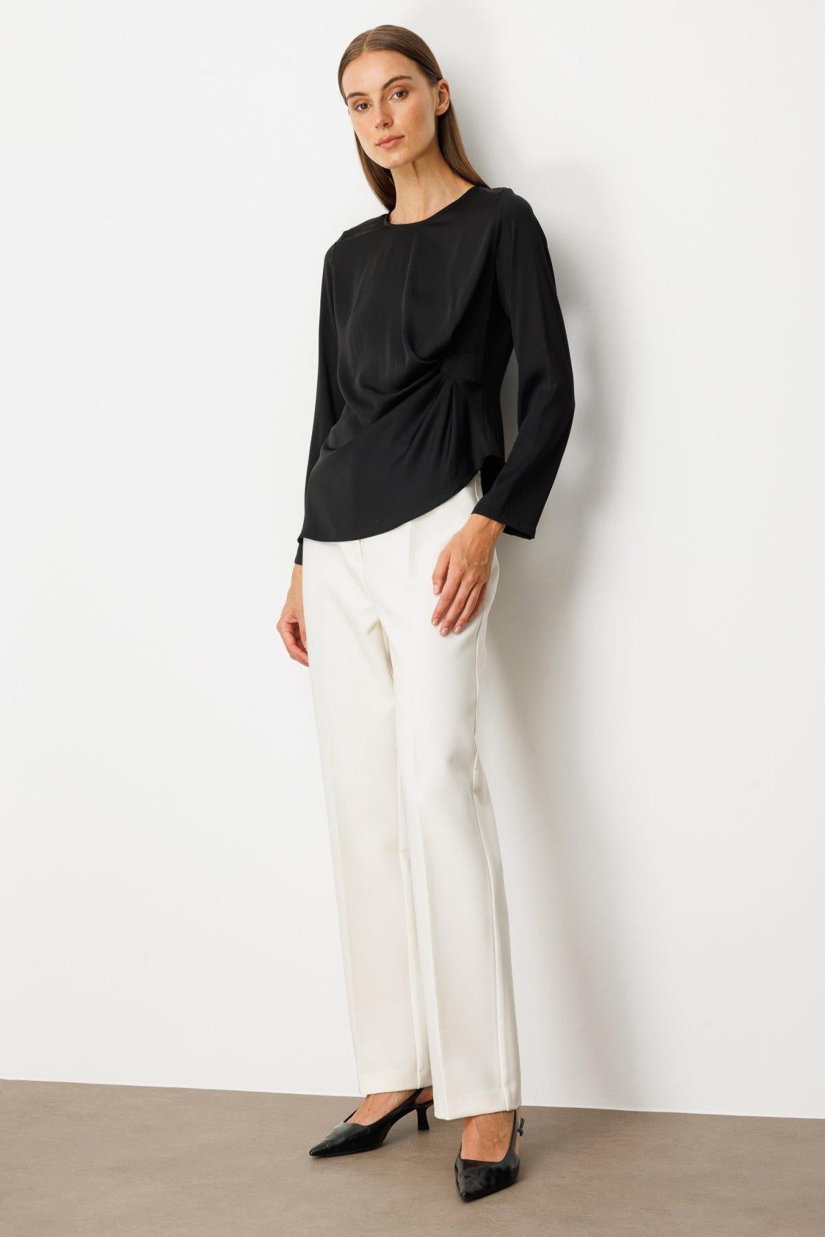 Side Draped Crew Neck Satin Blouse