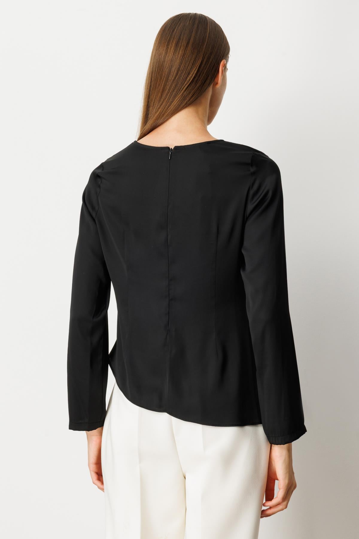 Side Draped Crew Neck Satin Blouse