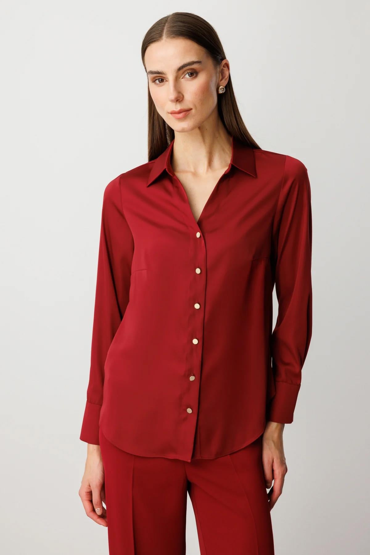 Düğmeli Saten Bluz