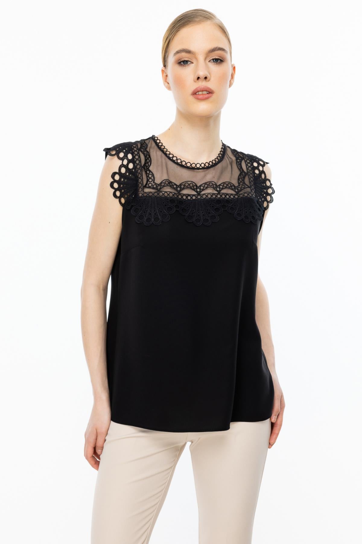 Sleeveless Chiffon Blouse with Lace Detail