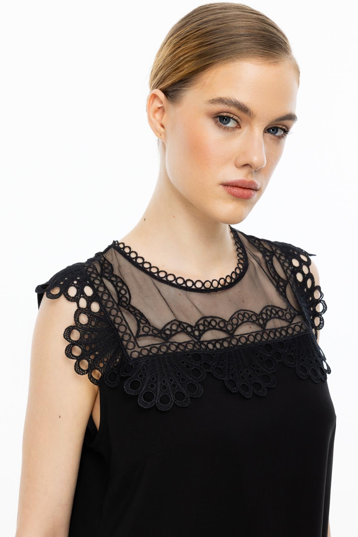 Sleeveless Chiffon Blouse with Lace Detail