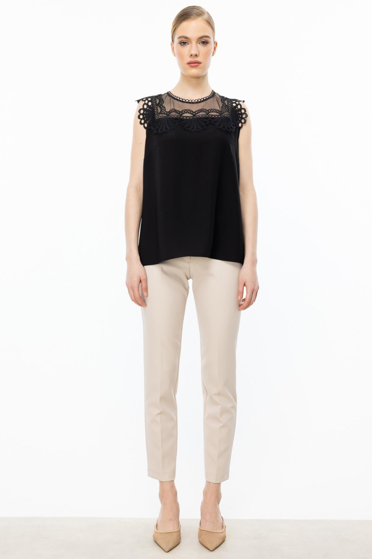 Sleeveless Chiffon Blouse with Lace Detail