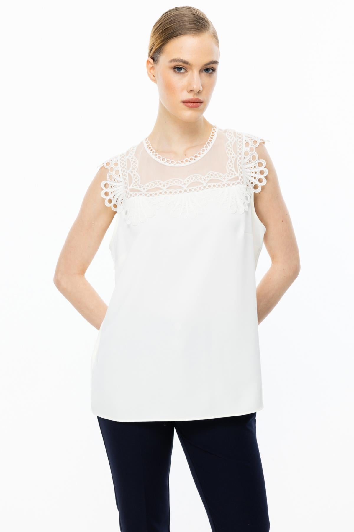 Sleeveless Chiffon Blouse with Lace Detail