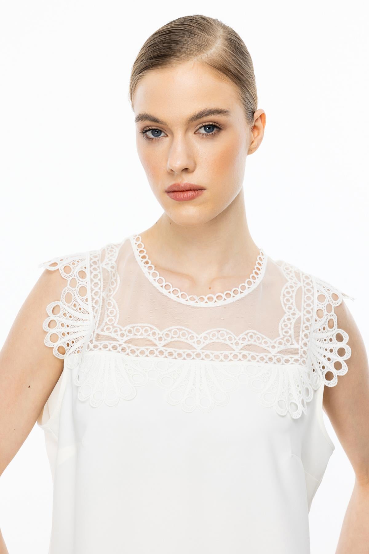 Sleeveless Chiffon Blouse with Lace Detail